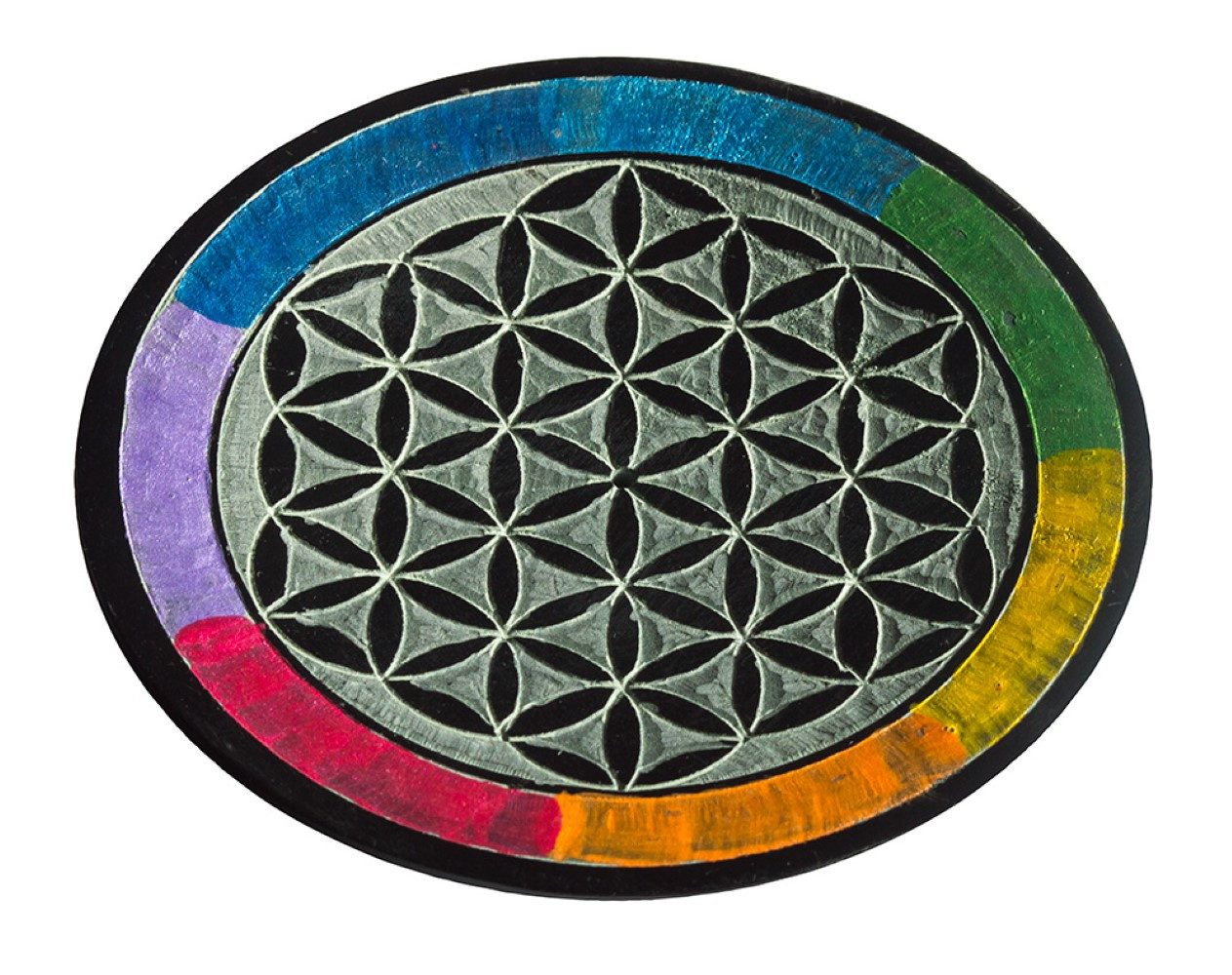 Räucherstäbchen-Halter Räucherstäbchenhalter "Blume des Lebens rainbow" Speckstein rund 10cm