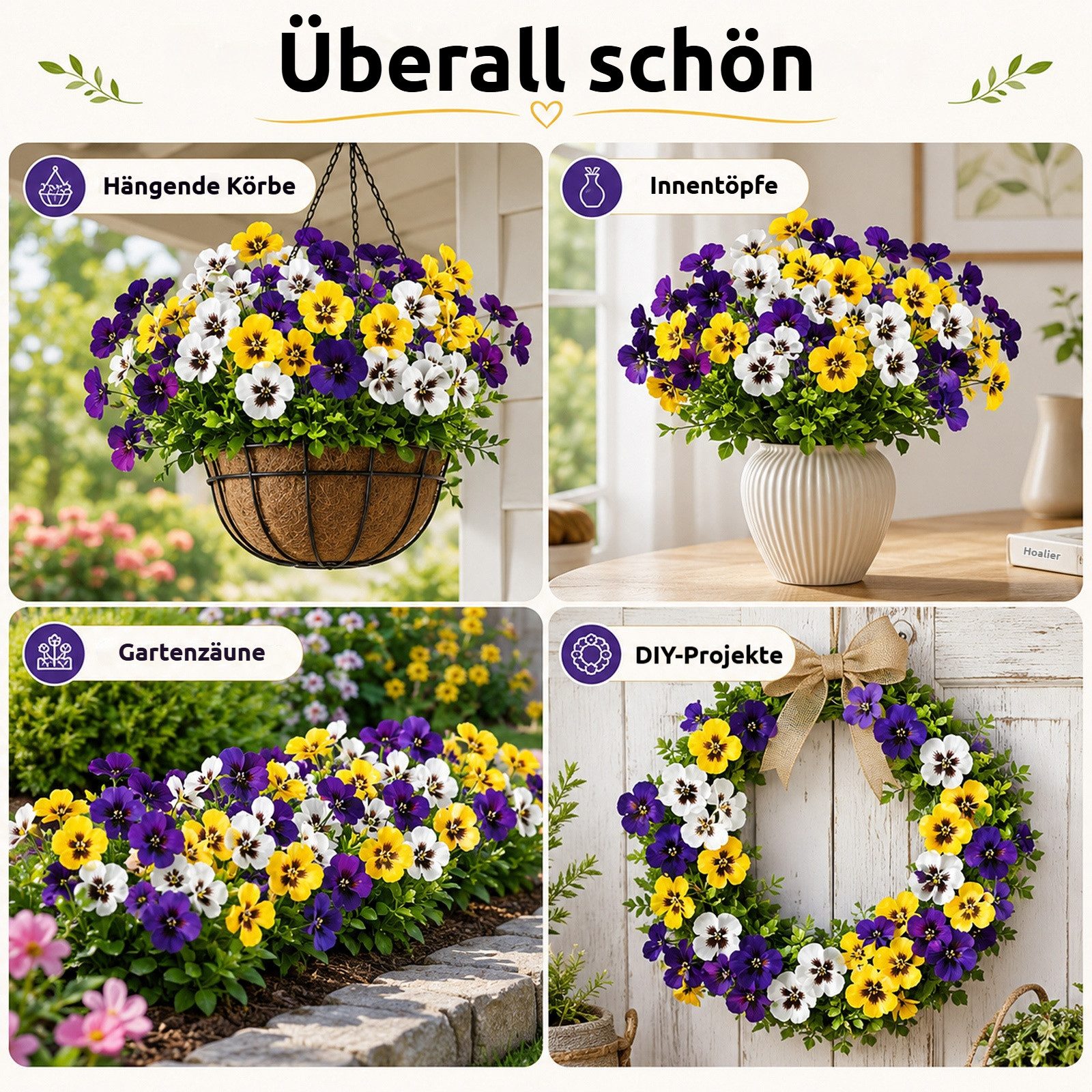 Kunstblumenstrauß 12 Bündel künstliche Blumen wie echt, UV‑beständig, pflegeleicht Prunkwinde / Stiefmütterchen, BlingBin, Höhe 35 cm, Kunstpflanzen für Außenbe – Bild 4 von 5