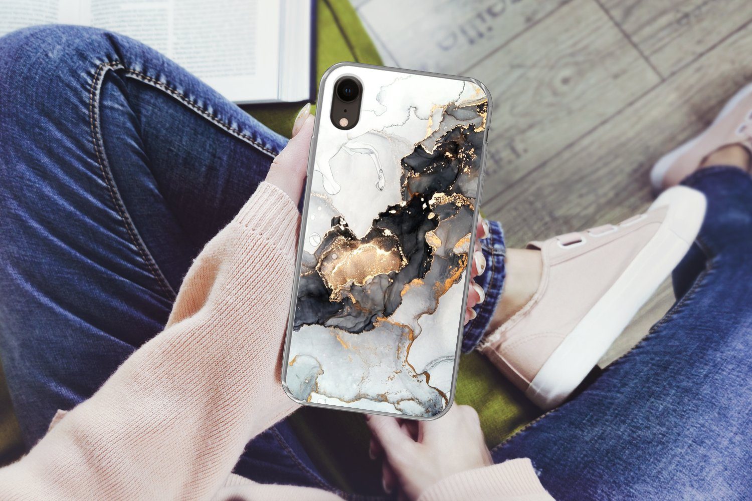 MuchoWow Handyhülle für Apple iPhone XR Marmor - Schwarz - Weiß - Gold - Luxus - Abstrakt, Smartphone-Bumper, Print, Handy Schutzhülle Dünn