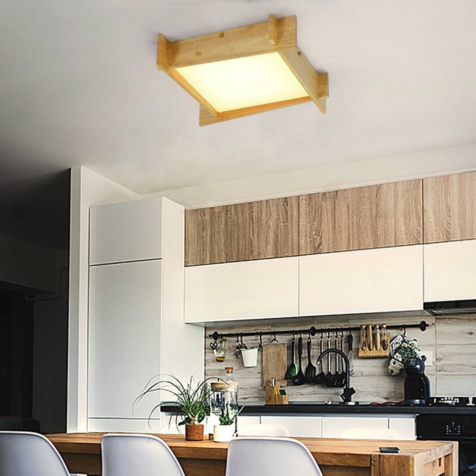 Wohnzimmer LED ZMH Schalfzimmer, für Holz Warmweiß LED integriert, Eckig Quadratisch Deckenleuchte fest Glas