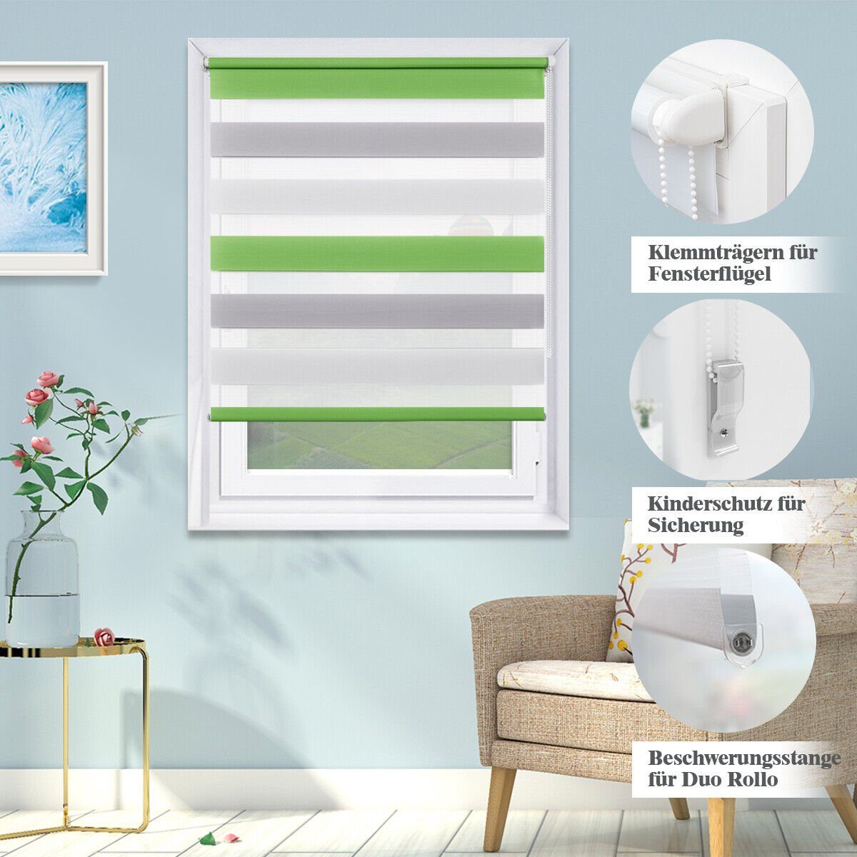 Doppelrollo ohne Bohren 130cm/150cm/230cm, OUBO, freihängend, Klemmfix, rollo für Fenster und Tür mit Klemmträger Lichtschutz und Sichtschutz – Bild 4 von 5