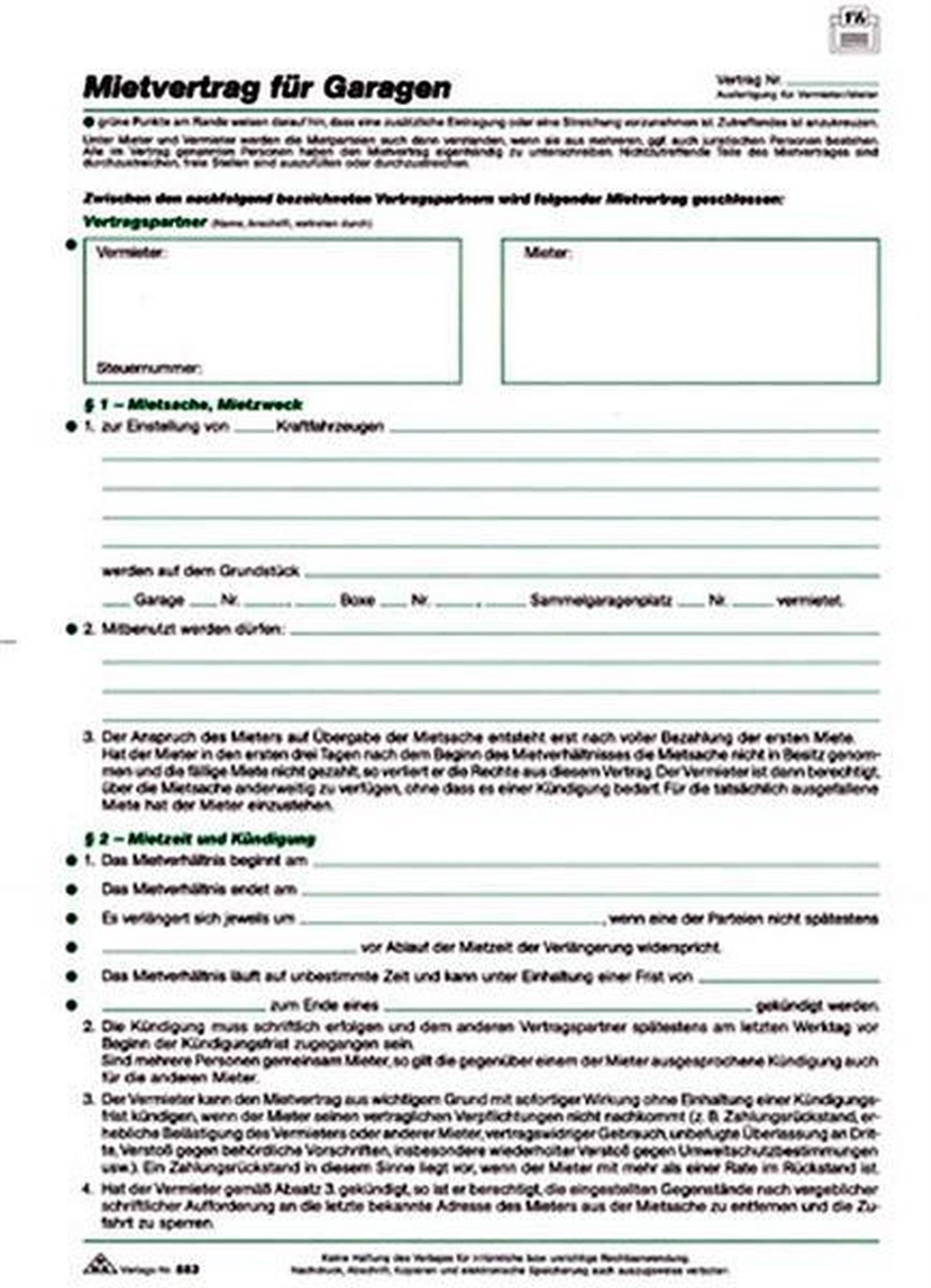 RNK Formularblock RNK Mietvertrag Garagen u. Kfz-Stellpl. A4 4S 10St