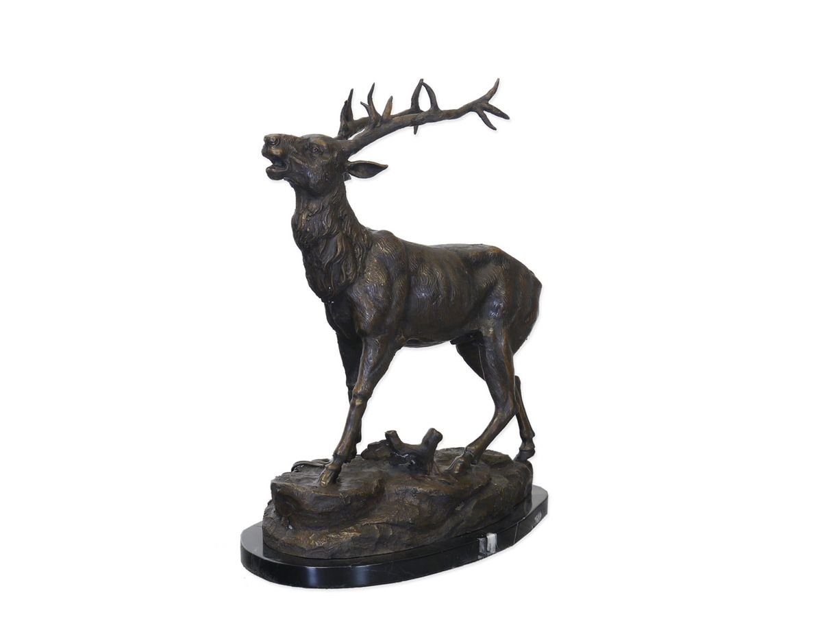Tierfigur Bronze Figur Skulptur röhrender Hirsch auf Marmorsockel