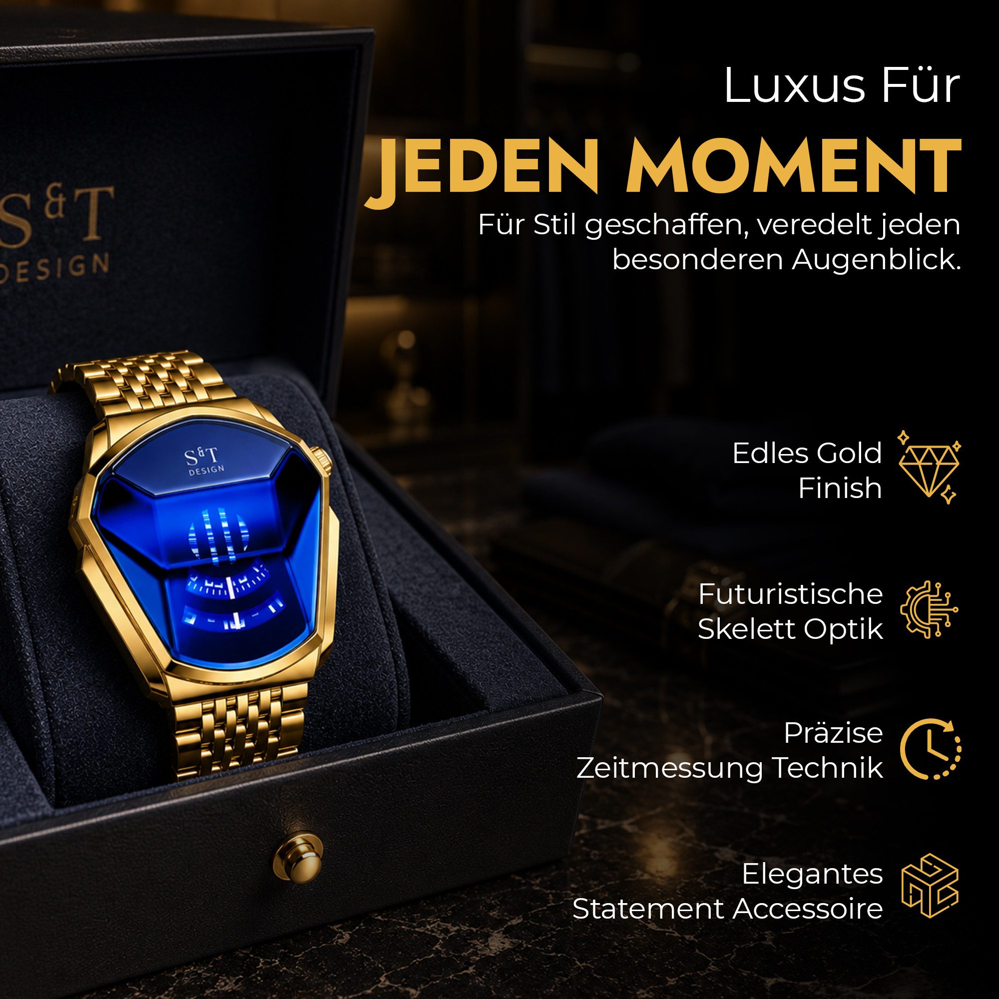 S&T Design Quarzuhr Herren Uhr Edelstahl Armbanduhr Herrenuhr, (Geschenkebox (Etui), inkl. Armbandkürzer & Etui), Männer Uhr 3Bar Wasserdicht Analog Geschenk