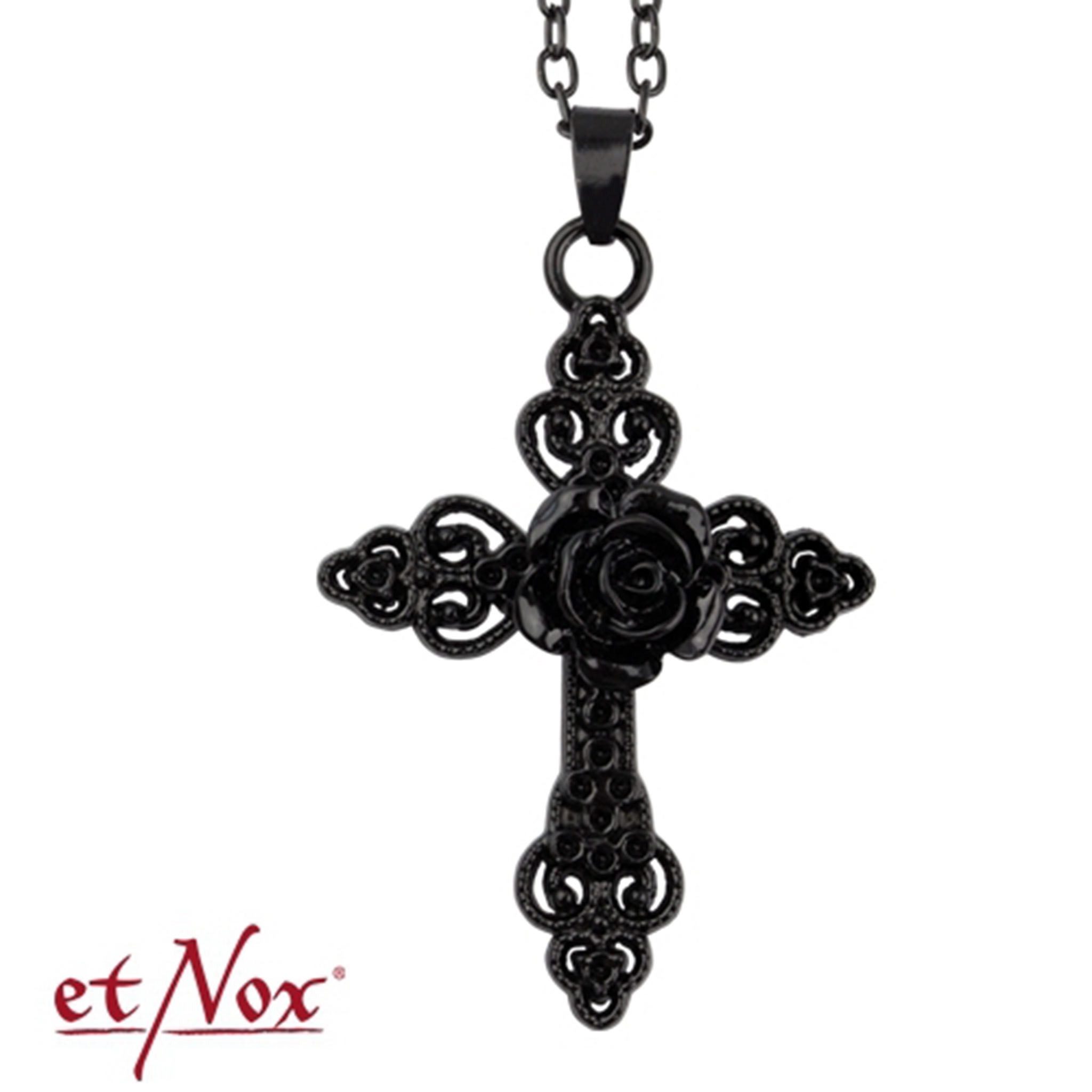 Kreuzkette Schwarze Rose Kreuz Kette: Gothic Schmuck aus Edelstahl