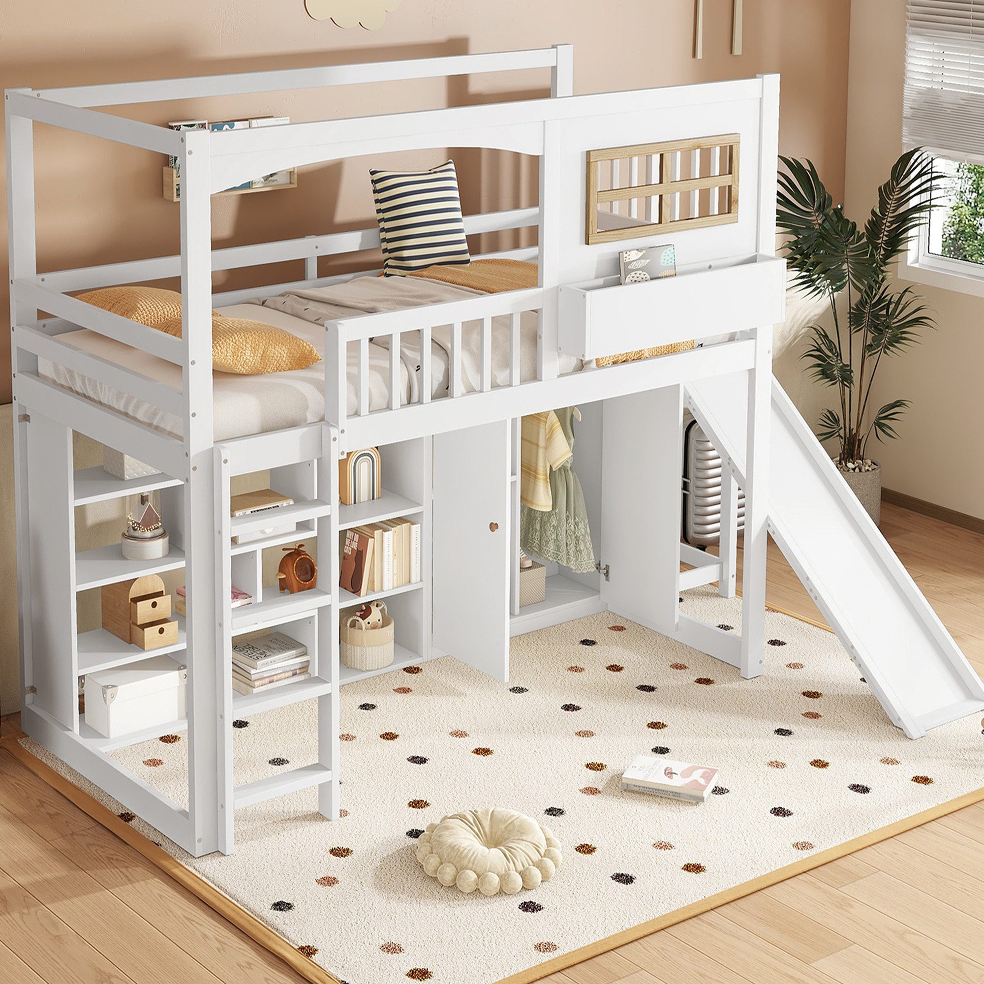 Merax Loft Bed (1 pc., Pine Children's Bed Playhouse with Safety Rail & Window) Bunk Bed 90x200cm with Wardrobe, Storage Compartments, Slide, Ladder