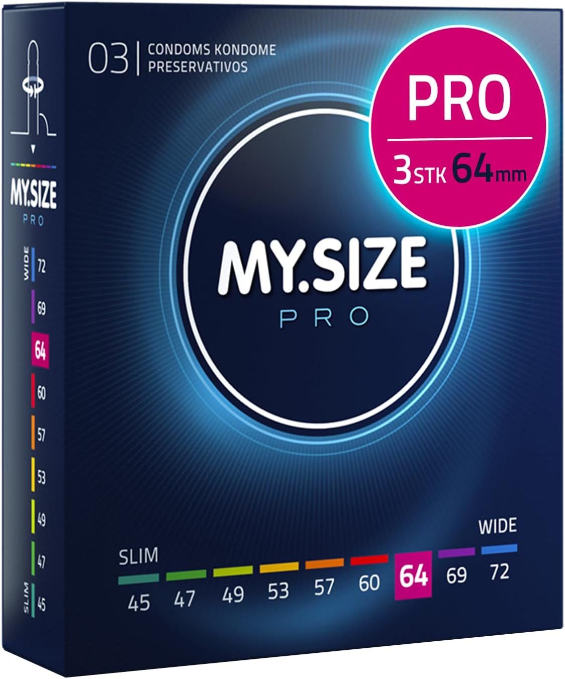 MY.SIZE Kondome PRO ELITE Kondome, 9 Größen, 45-72 mm, Schlank-XXXXL, Extra reines Vytex-Latex, leicht zu öffnen, hauchdünn 0,05mm