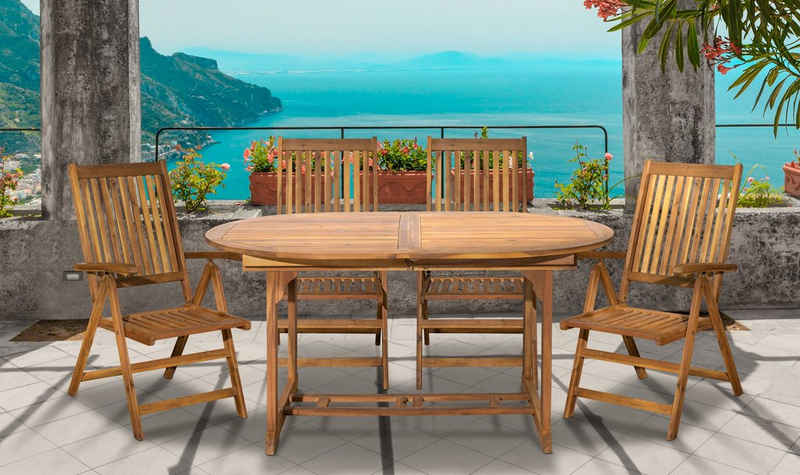 furnling Sitzgruppe Venedig, (5-tlg., 4 Stühle und 1 Tisch), Gartenmöbel-Set Akazie für 4 Personen, Tisch auf 200 cm erweiterbar