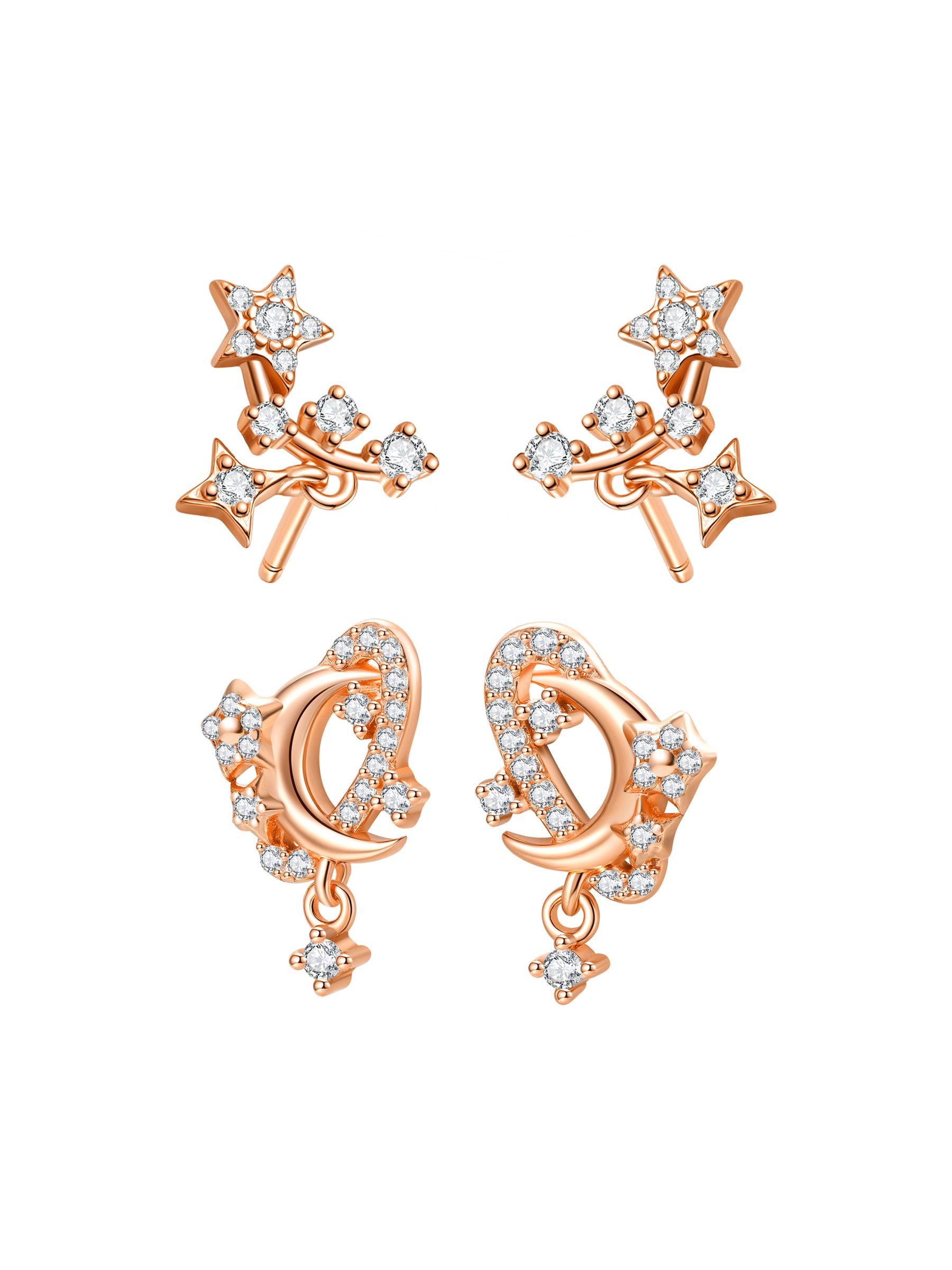 Hey Happiness Ohrstecker-Set 4-teiliges Stern & Mond Schmuckset, Kleine Ohrhänger für Damen, Ohrringe 925 Silber vergoldet