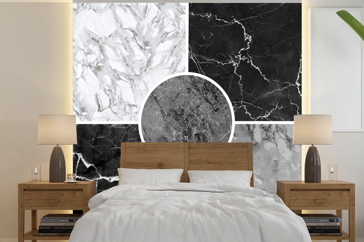 MuchoWow Fototapete Marmor - Schwarz - Weiß - Luxus, Matt, bedruckt, (5 St), Vinyl Tapete für Wohnzimmer oder Schlafzimmer, Wandtapete