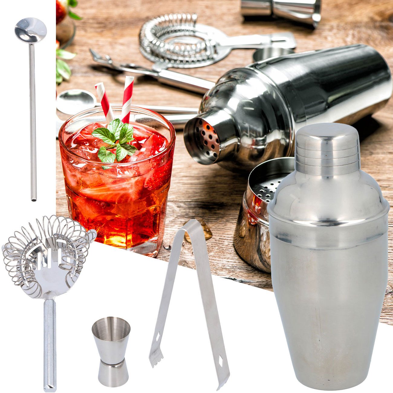 *Alpina* Cocktail-Set 5-teiliges Set 350ml Edelstahl: Shaker, Zange, Maß, Sieb, Löffel, (5-tlg), Edelstahl - Rostfrei