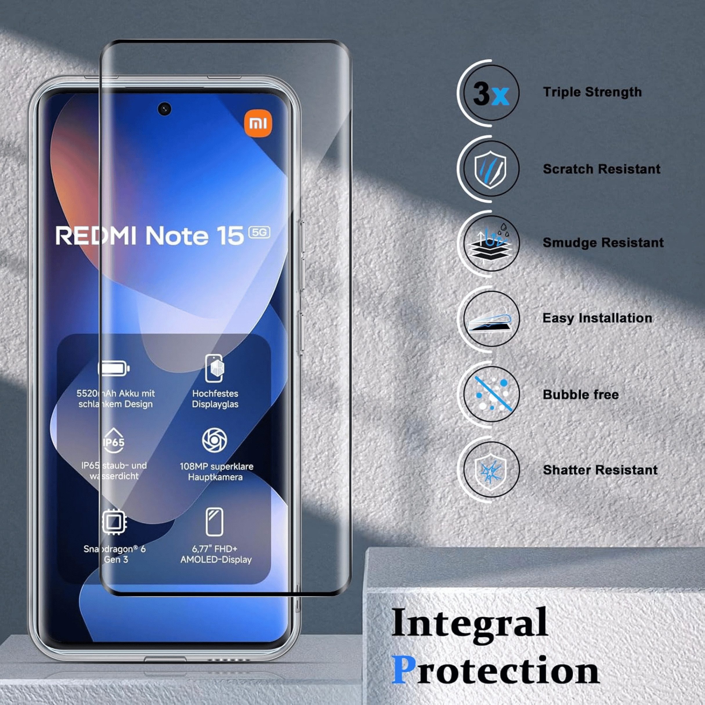 SmartUP Smartphone-Hülle + 2X Schutzglas für Xiaomi Redmi Note 15 Panzerfolie Display Case 3D 6,77 Zoll, kompletter Rundumschutz