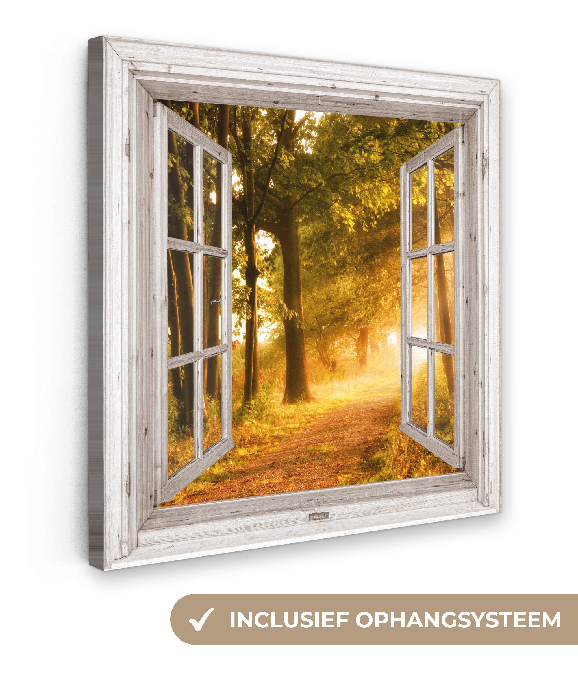 OneMillionCanvasses® Leinwandbild Wald - Bäume - Sonnenlicht - Herbst - Weg - Natur - Fensterblick, Fotodruck (1 St), Wandbild, Deko Schlafzimmer Wohnzimmer Flur 20x20 cm