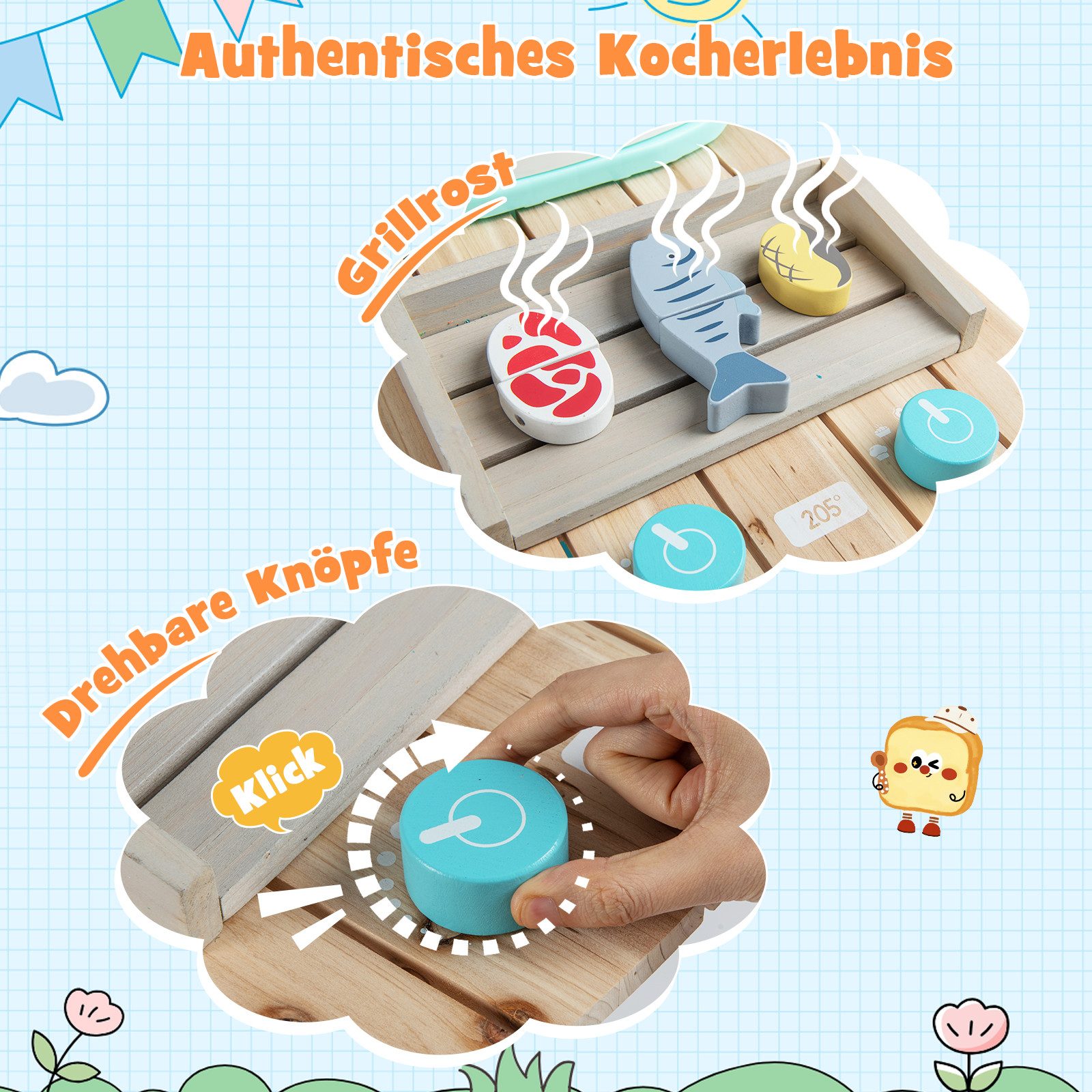 COSTWAY Outdoor-Spielküche Holz, Spielküche mit abnehmbarem Waschbecken & Grillrost