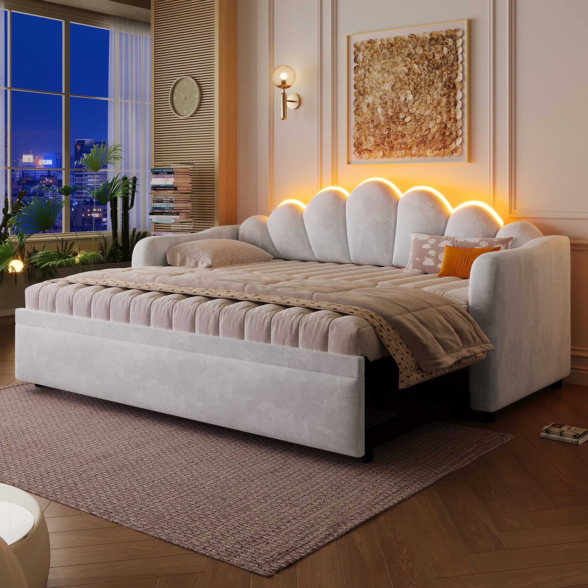 Merax Daybett mit LED-Beleuchtung, Schlafsofa aus Samt (Sofabett Jugendbett, 1 tlg), Tagesbett 90x200cm mit Ausziehbett & blütenförmigem Kopfteil