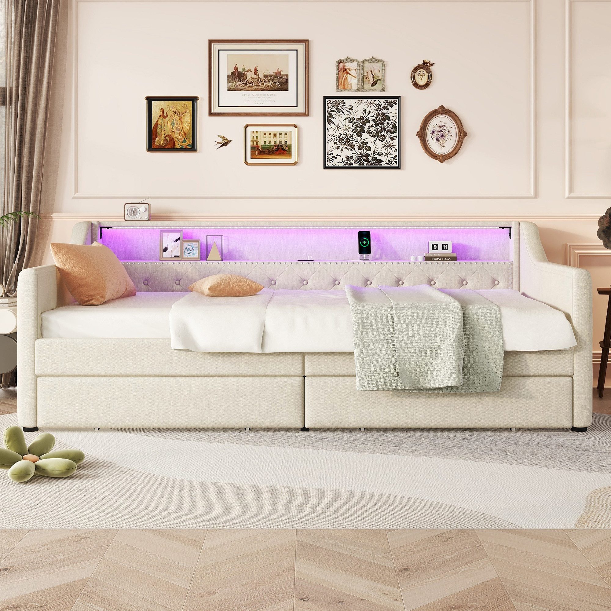 Flieks Daybett, LED Polsterbett Tagesbett 90x200cm mit 2 Schubladen, USB-Ladebuchse