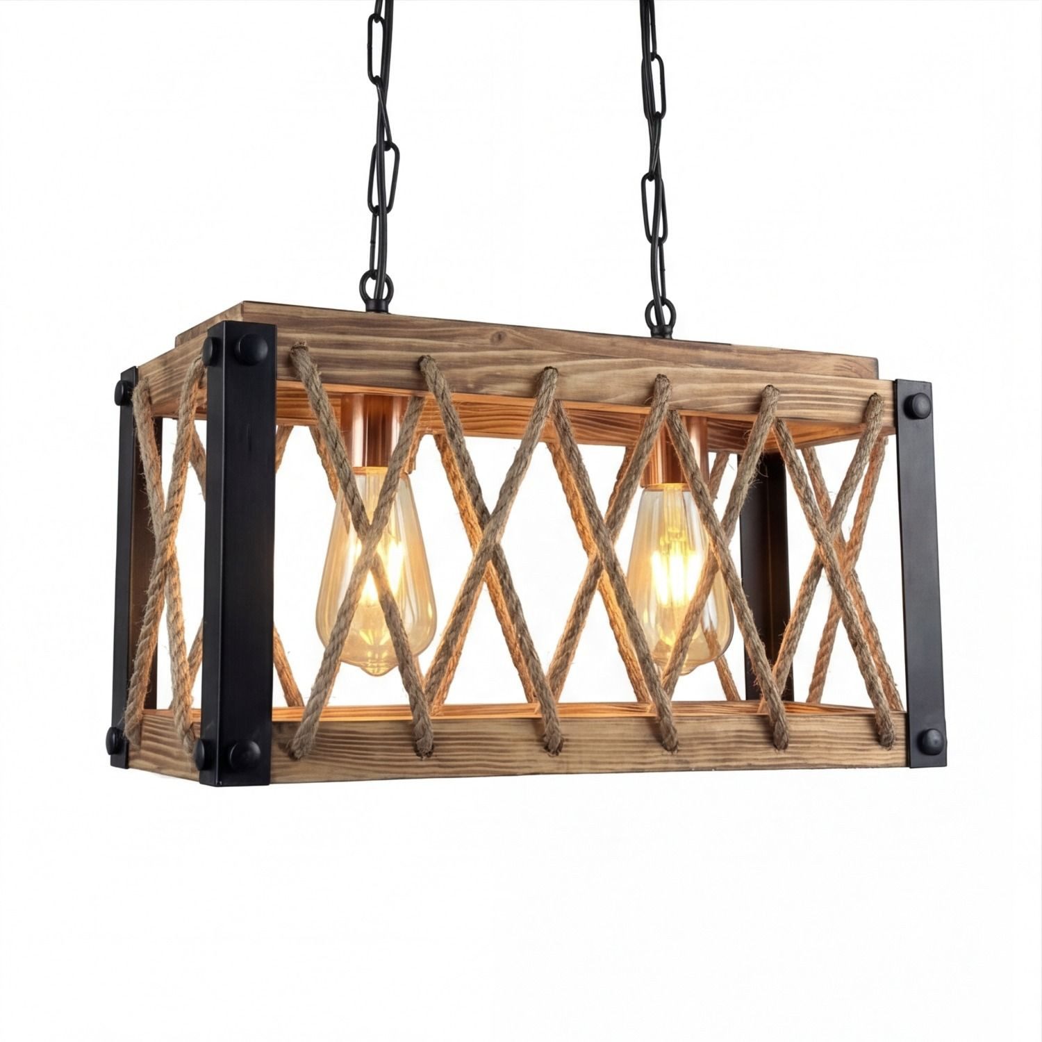 Licht-Erlebnisse Pendelleuchte SELMAR, ohne Leuchtmittel, 40 cm breit H: max. 105 cm Holz geflammt Metall E27 2-flammig Rustikal