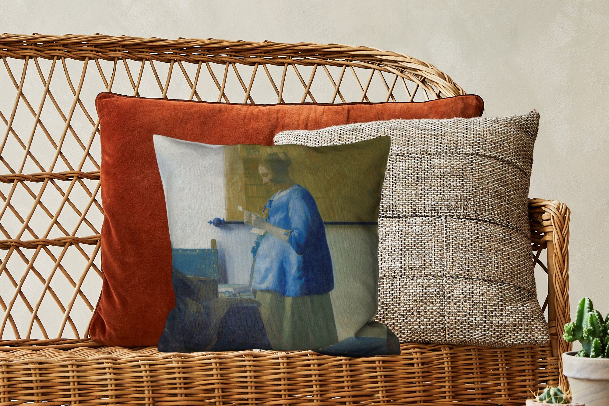Frau Vermeer, liest Füllung Blau in Zierkissen - Wohzimmer, MuchoWow Brief Gemälde von Schlafzimmer, einen Johannes Dekokissen mit für Sofakissen Deko,