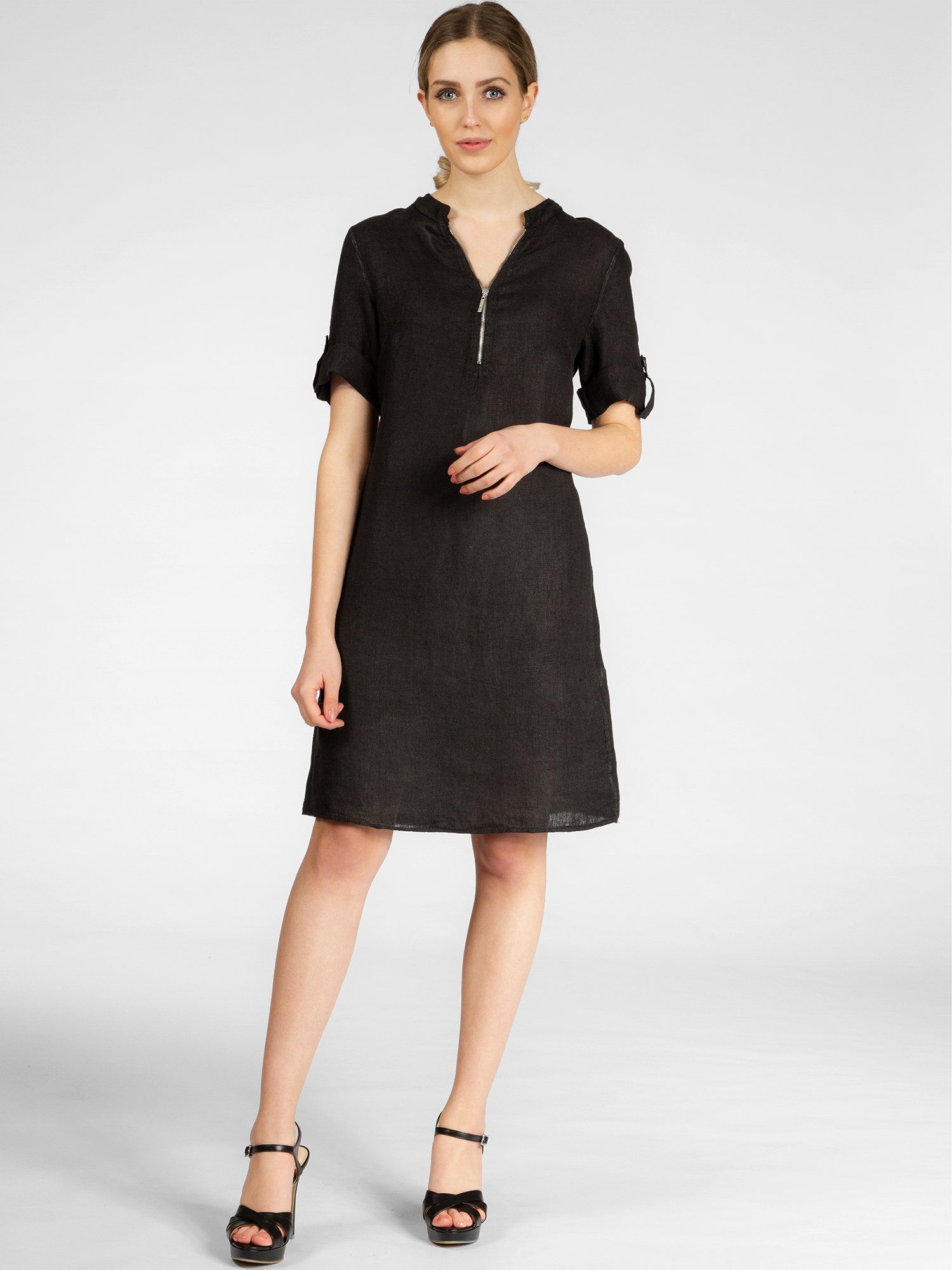 Caspar Sommerkleid SKL037 knielanges Damen Leinenkleid mit Reißverschluss Ausschnitt Luftig leicht, figurumspielende Form, mit seitlichem Jersey-Einsatz