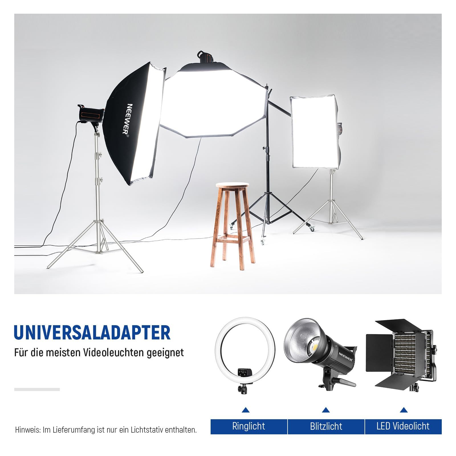 Neewer ST-280SS 2 Stück 280cm Edelstahl Lichtstativ, federgedämpftes Lampenstativ (Heavy Duty Lichtständer, mit 1/4" bis 3/8" Adapter, für Softbox)