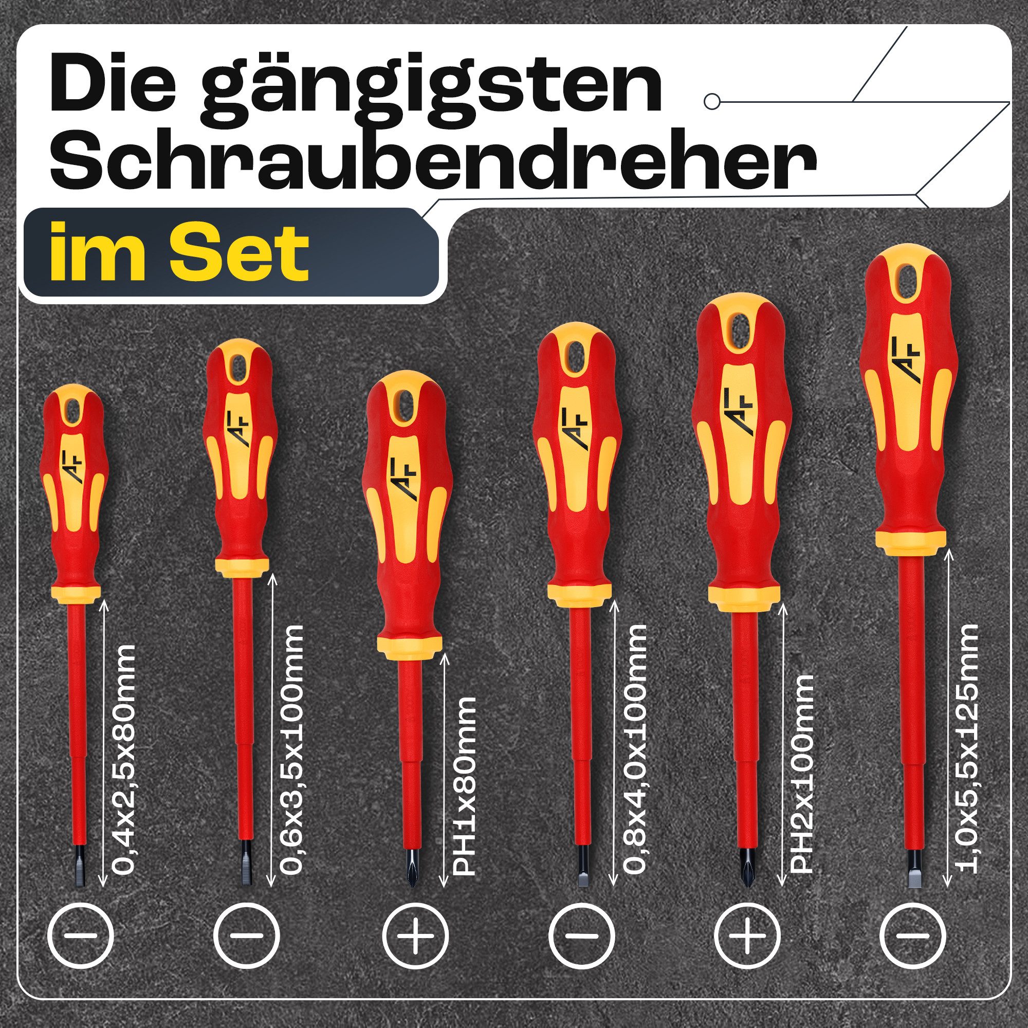 Afeld Elektro Schraubendreher VDE Elektriker Set 6-tlg., (6 St), bis 1.000V, S2-Stahl, Ergonomisch, Magnetisch, 2-Komponenten-Griff