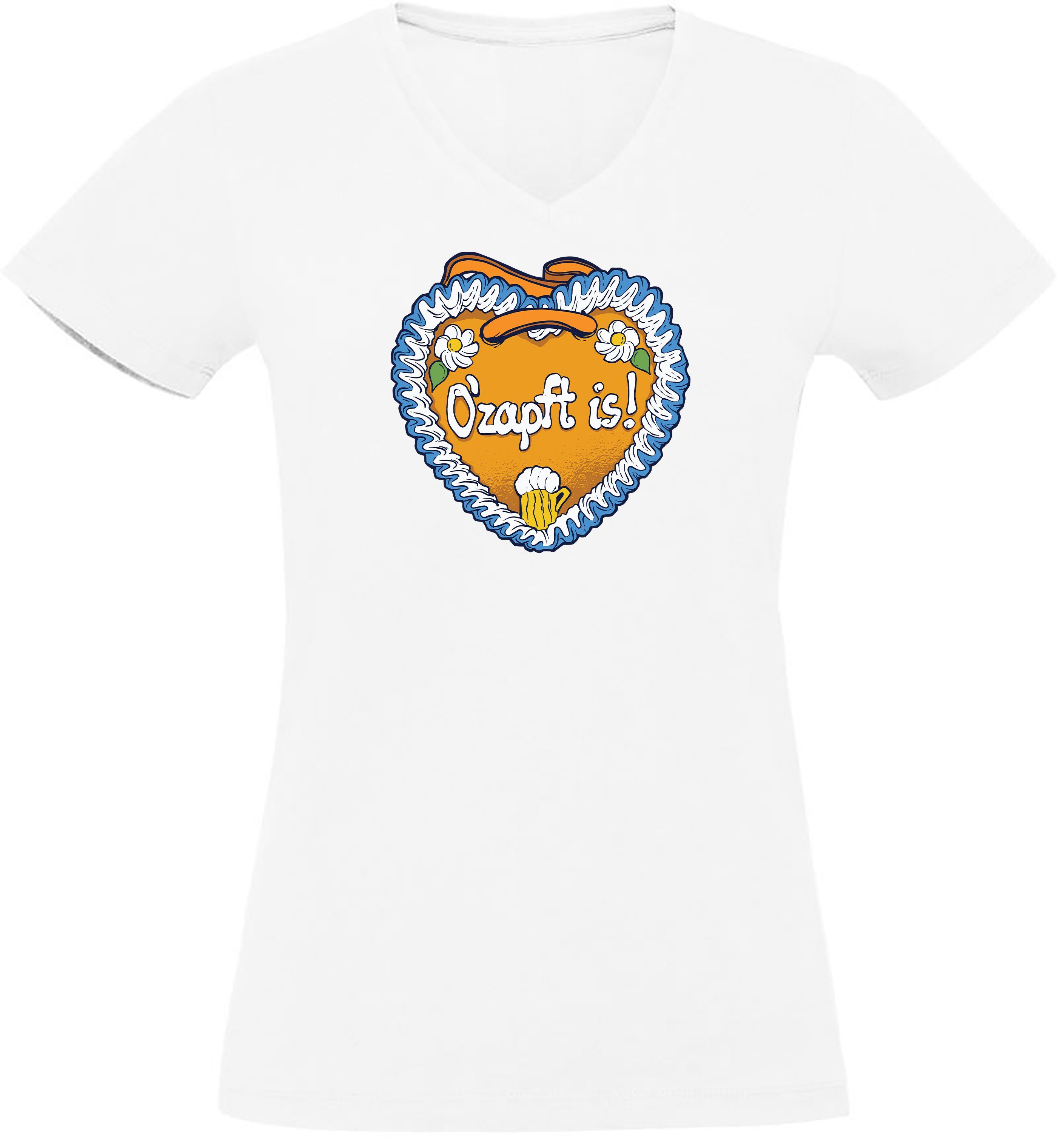 Damen - is T-Shirt i313 Shirt O´Zapft Lebkuchen Print Herz mit Fit, V-Ausschnitt T-Shirt Slim MyDesign24 weiss Oktoberfest