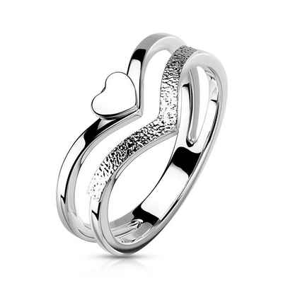BUNGSA Fingerring Damenring doppelte Ringschiene Herz sandgestrahlt Silber aus Edelstahl (Ring, 1-tlg), Damen