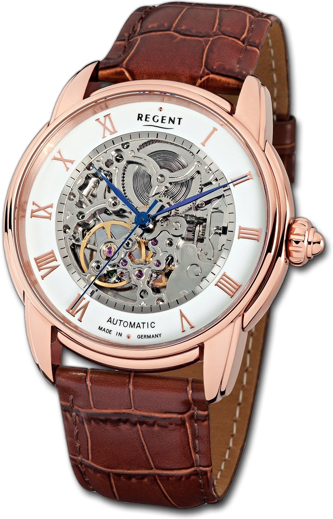 Regent Quarzuhr Regent Leder 42mm), rundes Analog, weiß Gehäuse, Uhr groß Herrenuhr Lederbandarmband, Herren (ca. GM-1433