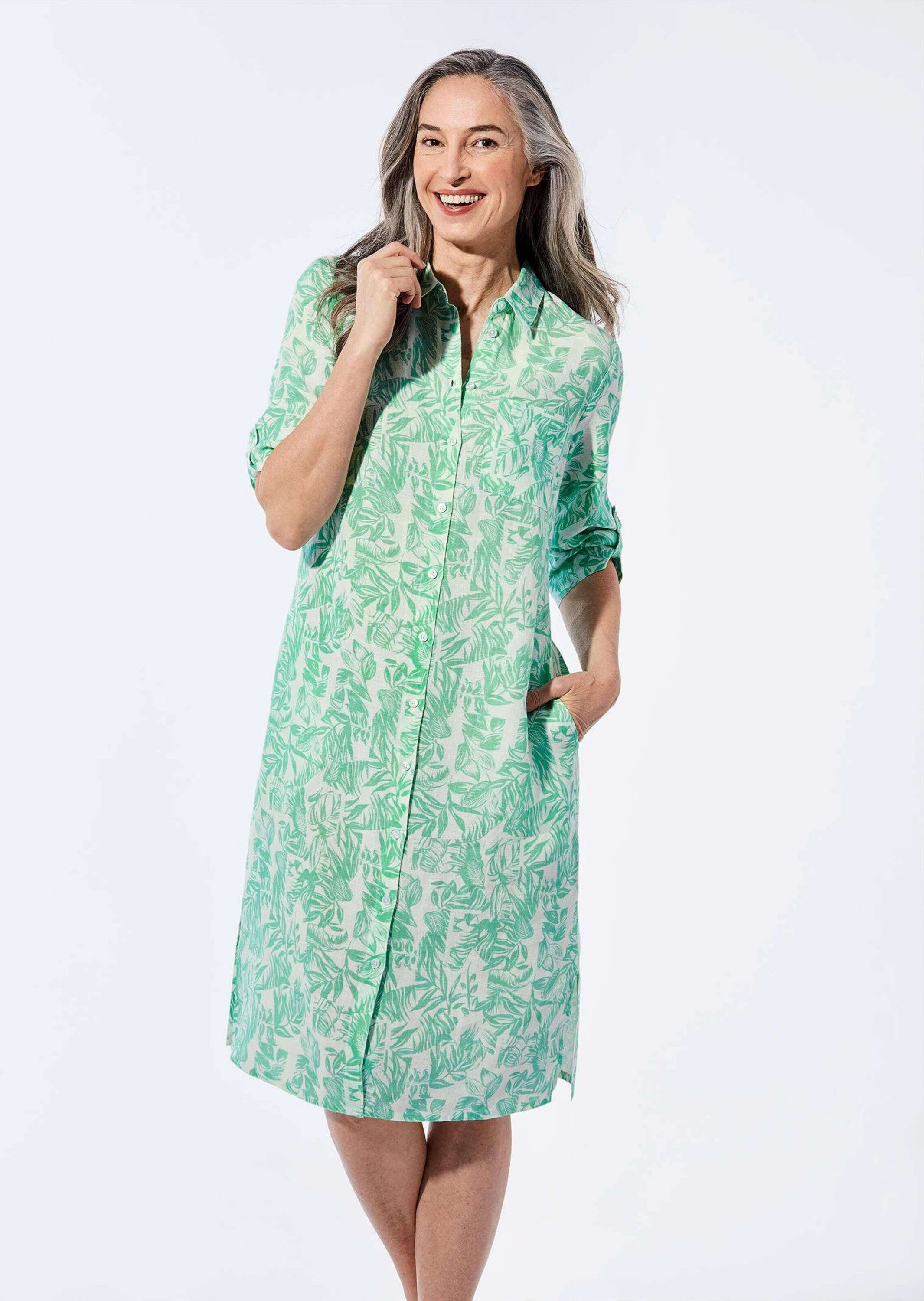 GOLDNER Sommerkleid Leinenkleid mit Print und 3/4-Arm Florales Design, klassischer Kragen, modischer Bund