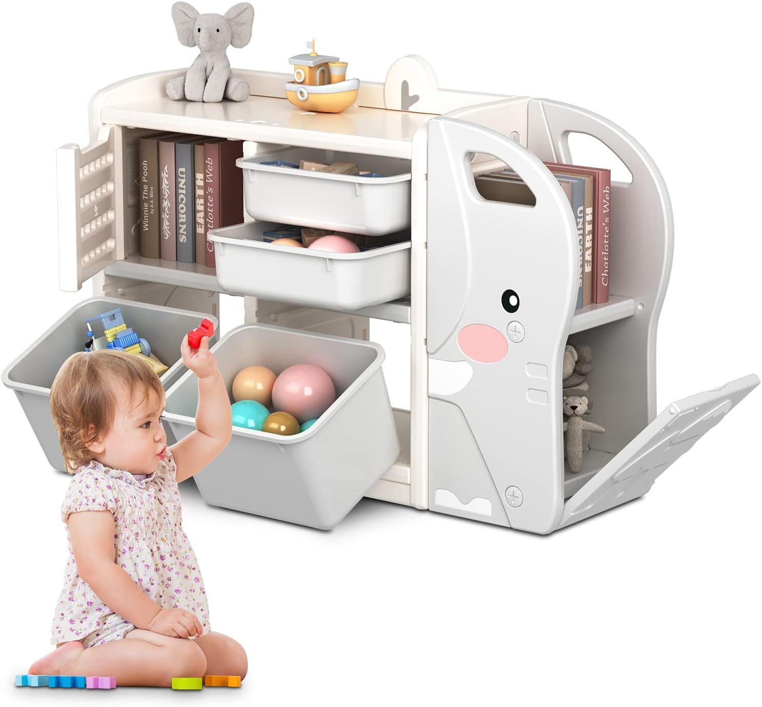 OUNUO Kinderregal Spielzeugregal mit 2 Aufbewahrungsboxen, günstig online kaufen