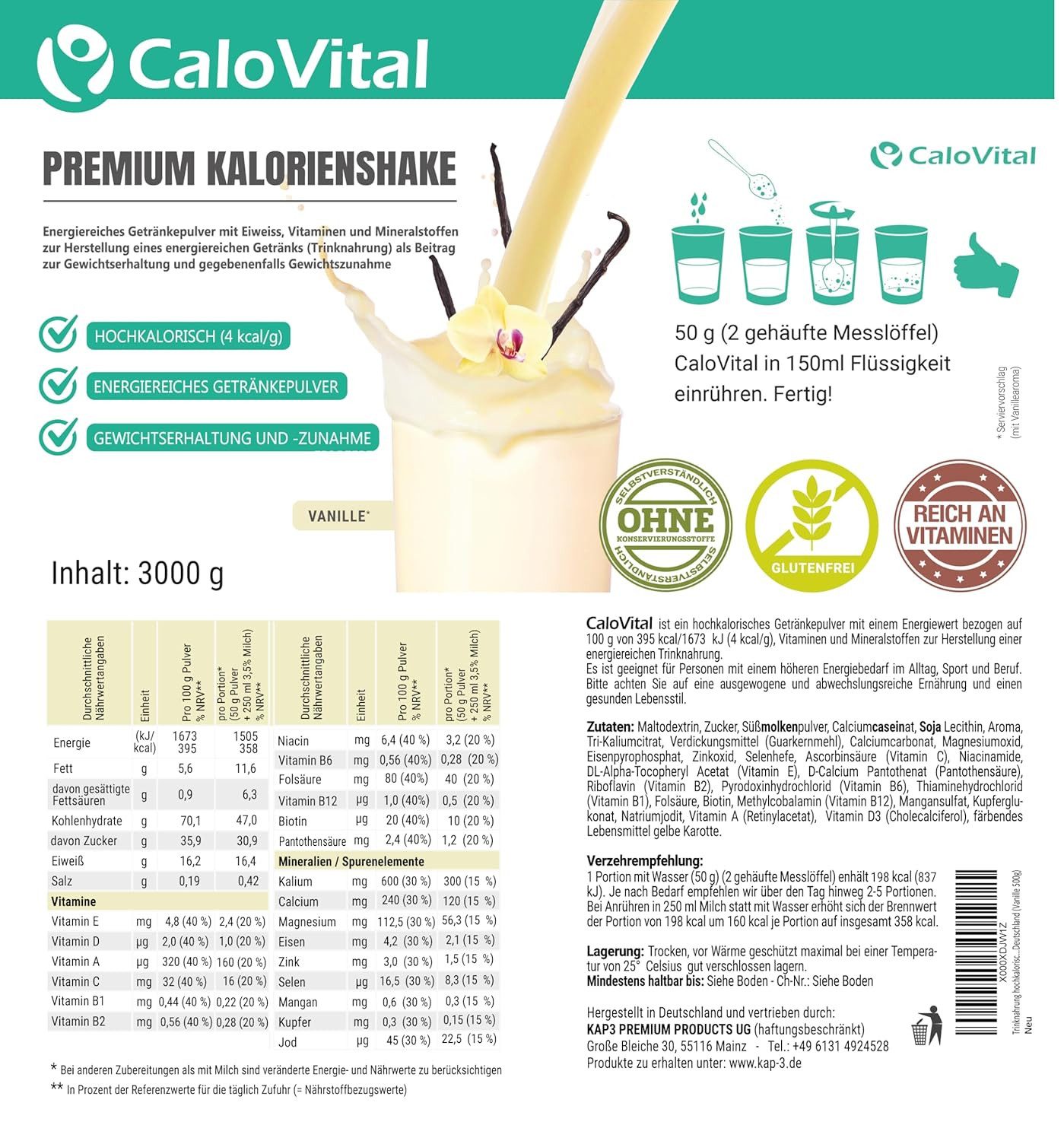 CaloVital Zunehmen Trinknahrung hochkalorisch Gewichtszunahme CaloVital 3 kg Pulver, 1,00 St.