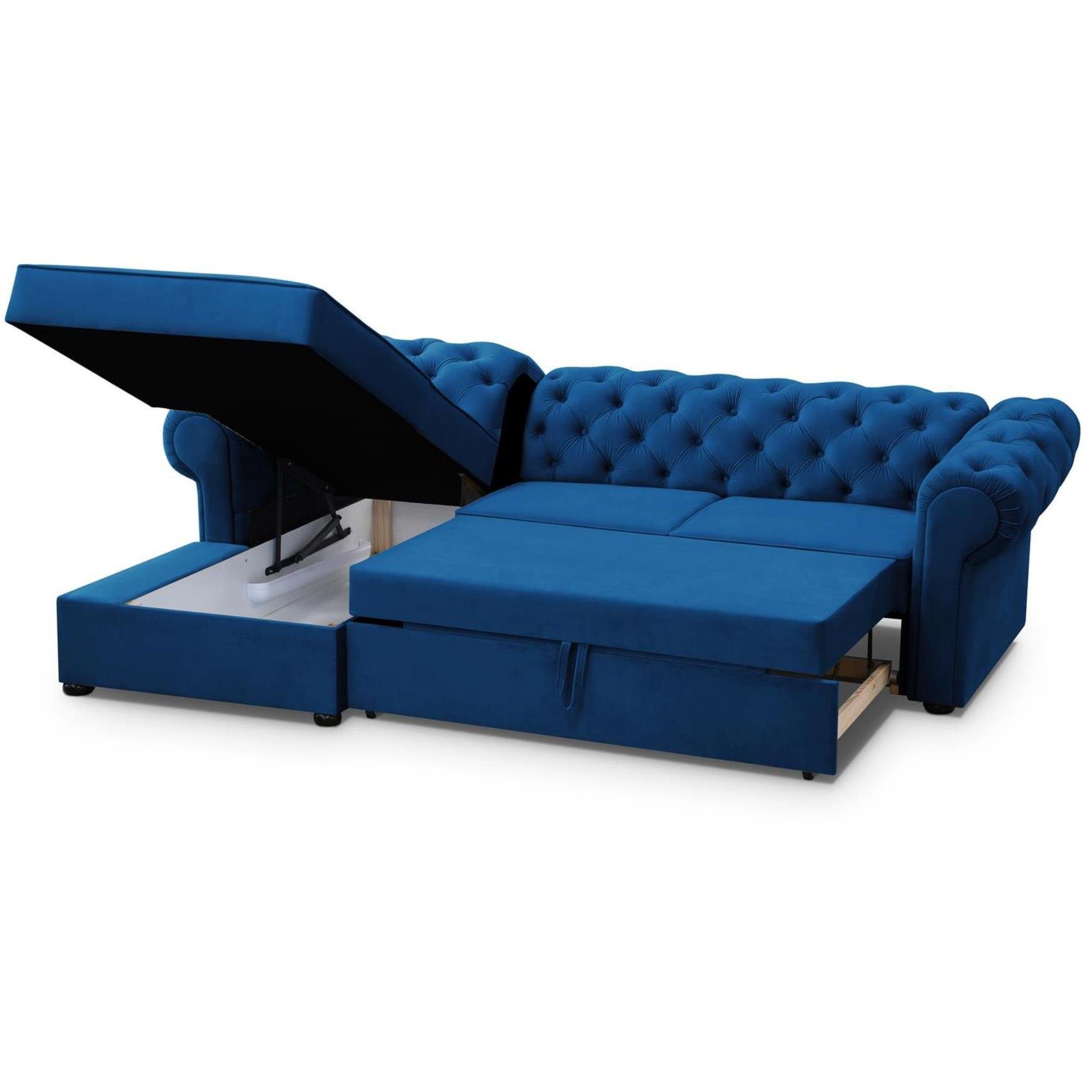 (kronos Corner 09) Relaxfunktion, Beautysofa stilvoll aus mit Polsterecke Chester, Bettkasten Sofa mit Marineblau Velours,
