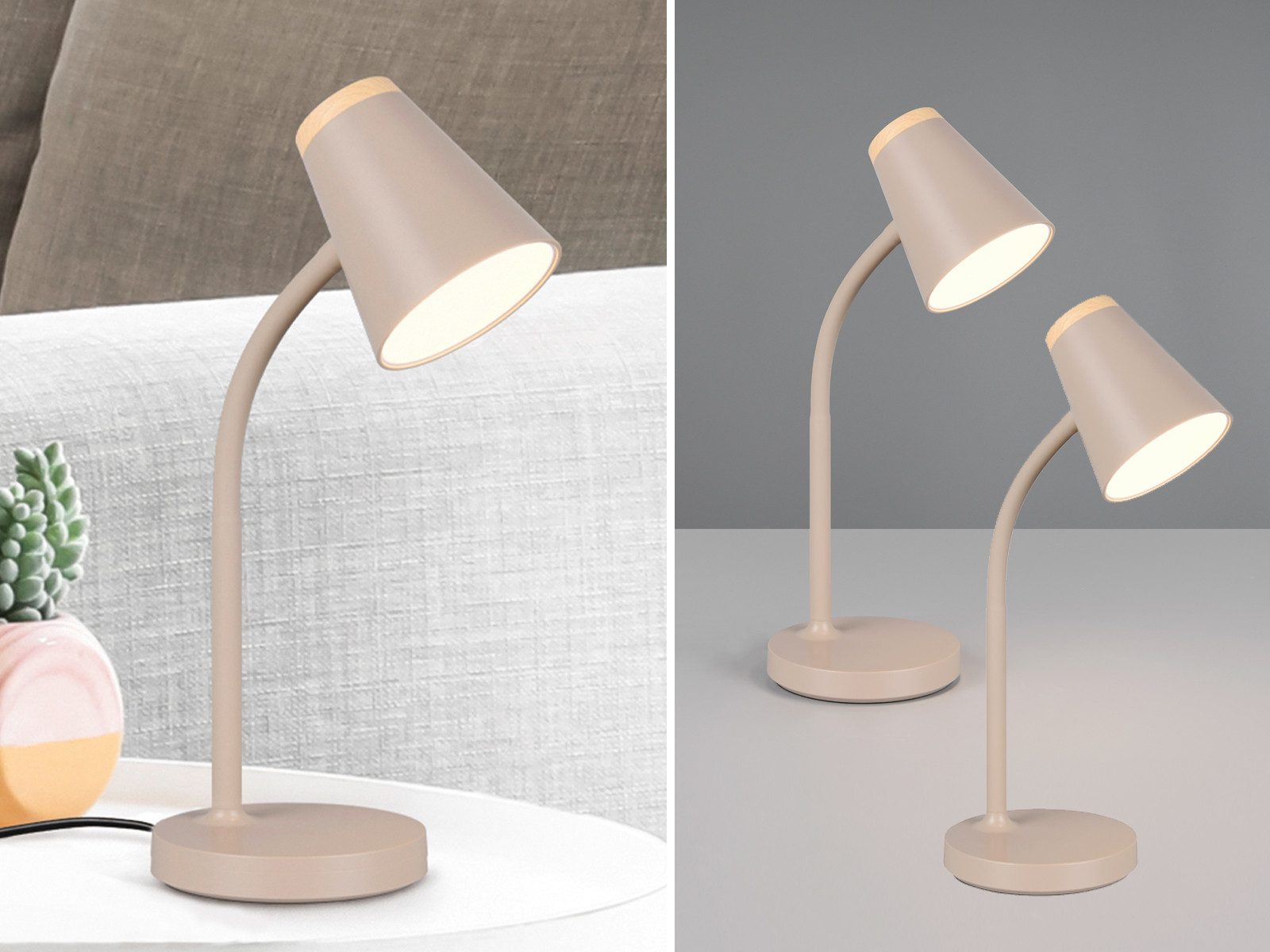 Reality Leuchten LED Schreibtischlampe, LED fest integriert, Warmweiß, 2er SET Schwanenhalslampen Beige, Leselampen Nachttisch Bett, H 36cm