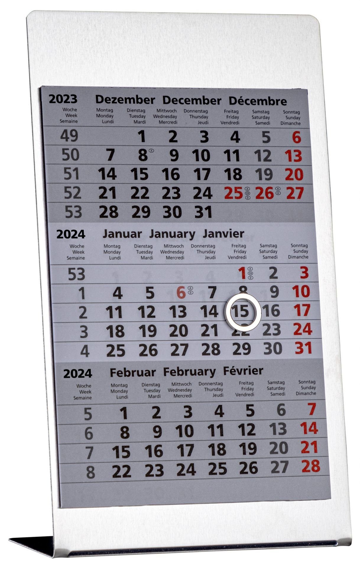 GÜSS Kalender Tischkalender 3-Monatstischkalender Edelstahl, Kalendarium magnetisch