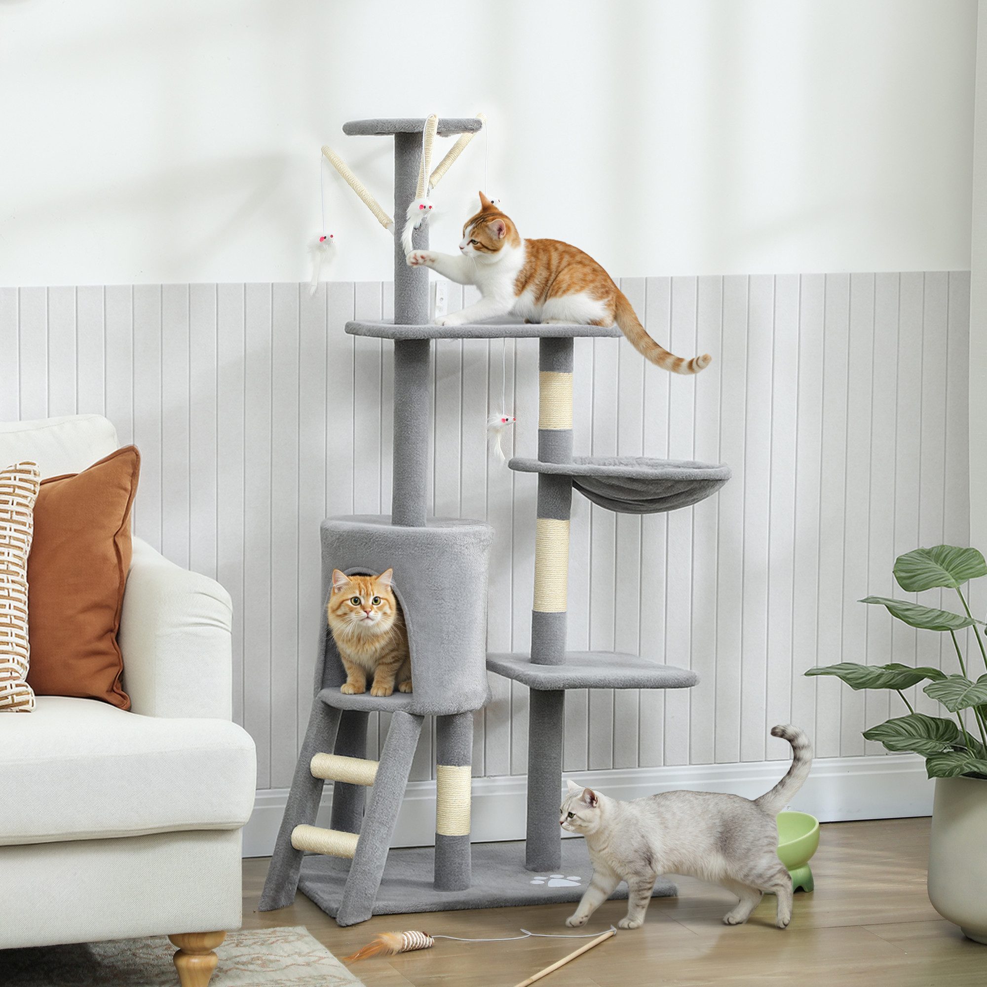 PawHut Kratzbaum Katzenbaum mit Höhle, Sisalstämme, große Plattform, Kratzbaum, für Katzen bis 5 kg, Grau