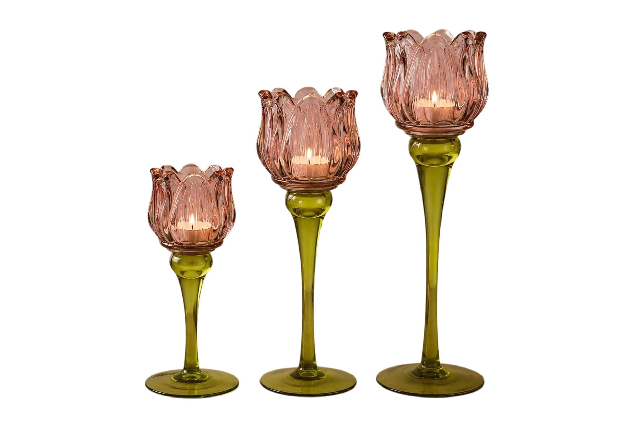 degawo Teelichthalter Teelichthalter Tulpe Glas 3er Set L M S Pink Deko für Zuhause Set (3 x Kerzenhalter -S-M-L)