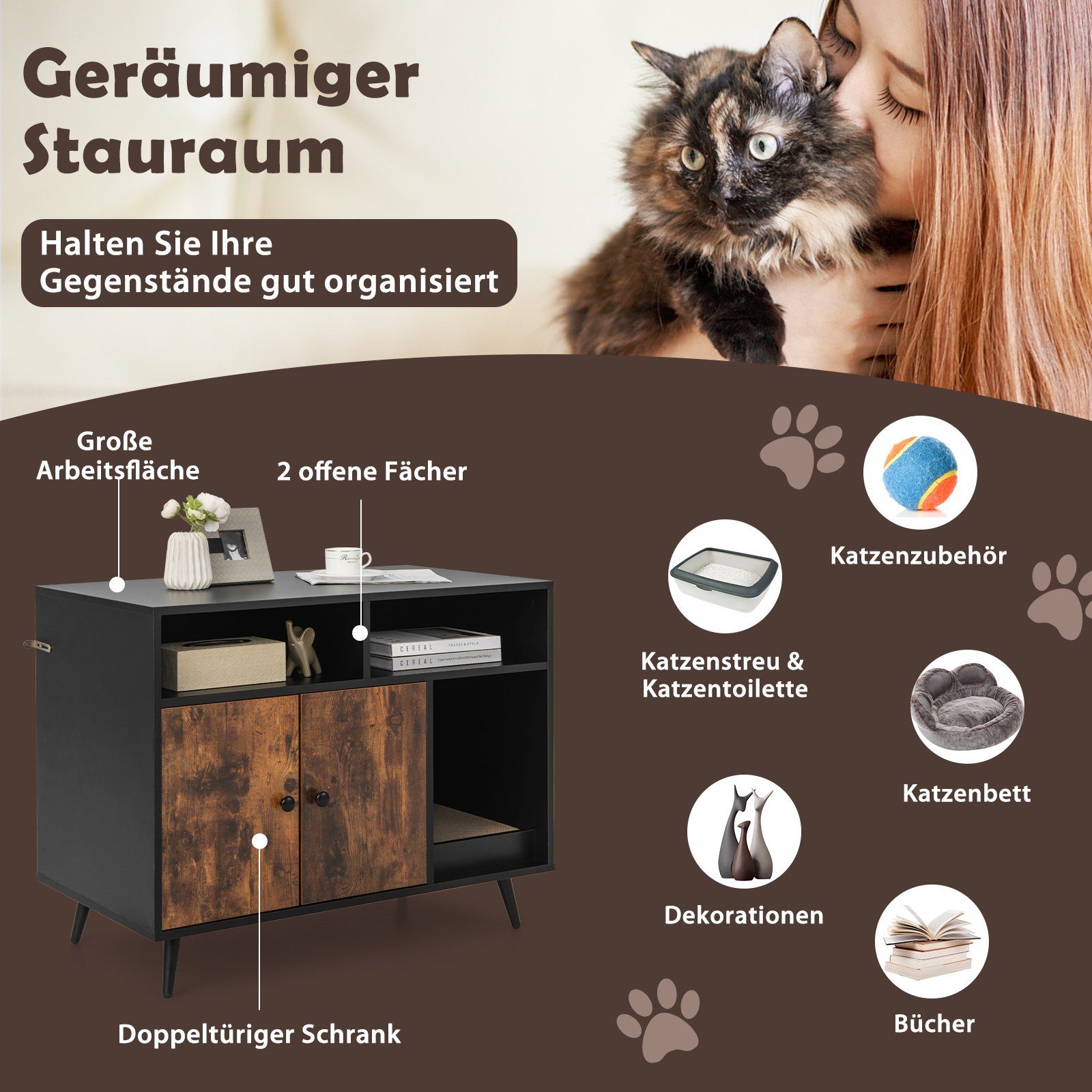 COSTWAY Tierhaus Katzenschrank, mit Kratzunterlage, Doppeltüren, günstig online kaufen