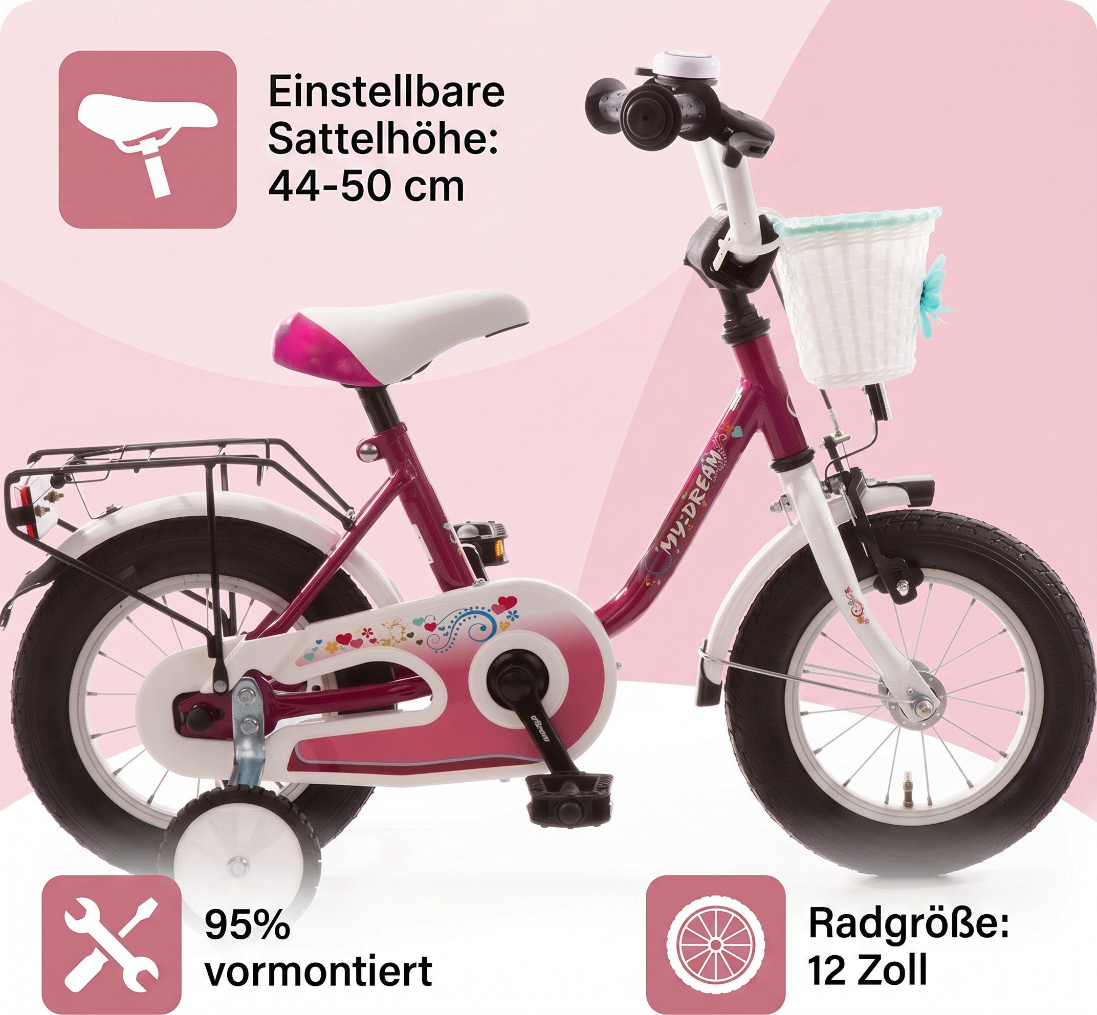 Bachtenkirch Kinderfahrrad 12 Zoll Fahrrad für Kinder ab 3 Jahre Mädchenfahrrad, mit Rücktrittbremse, mit Stützräder