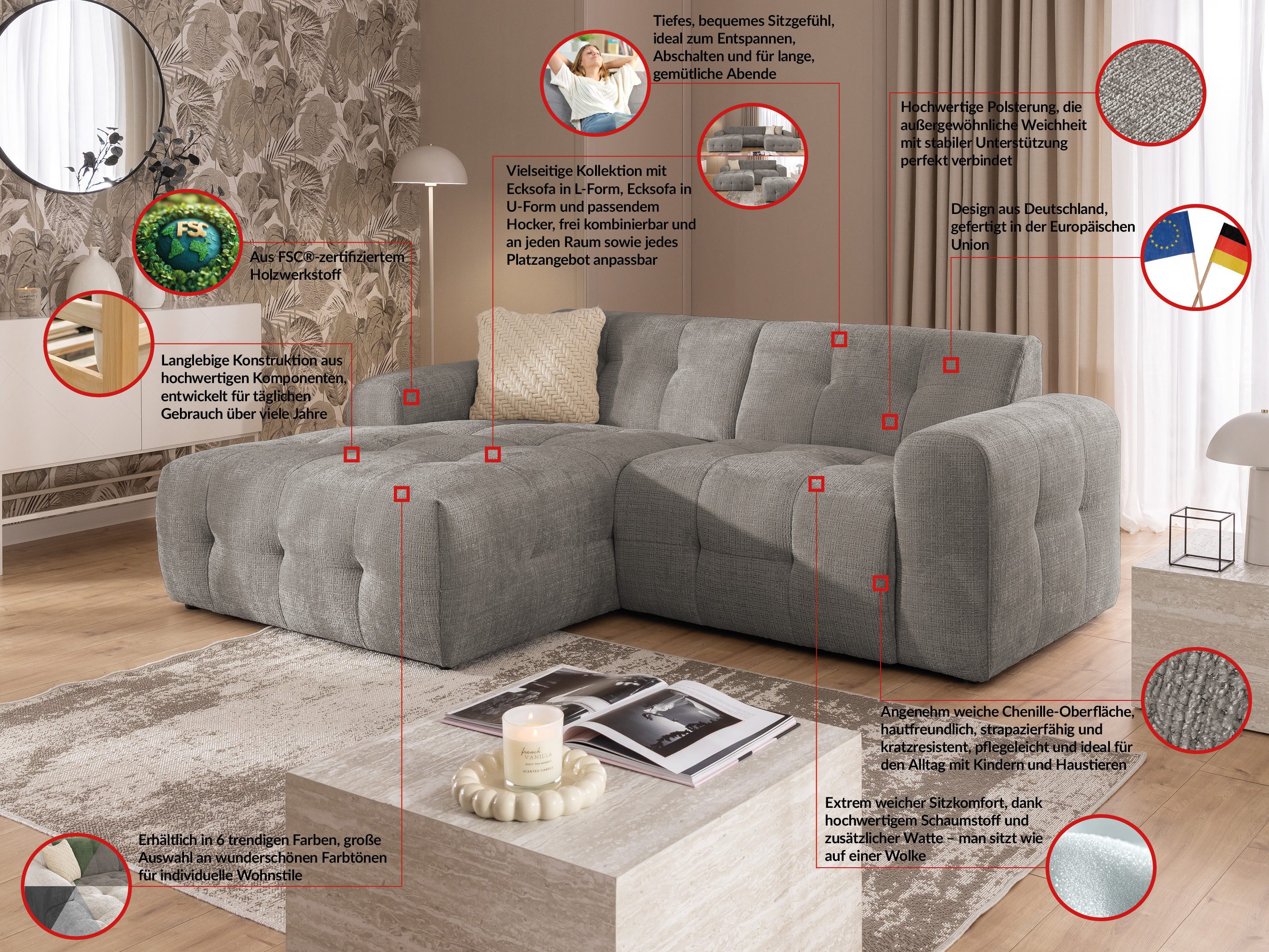 S-Style Möbel Ecksofa und Hocker Kozy Bumpy Design mit Schlaffunktion & fester Rückenlehne, aus weichem Chenille-Stoff, mit Wellenfederung
