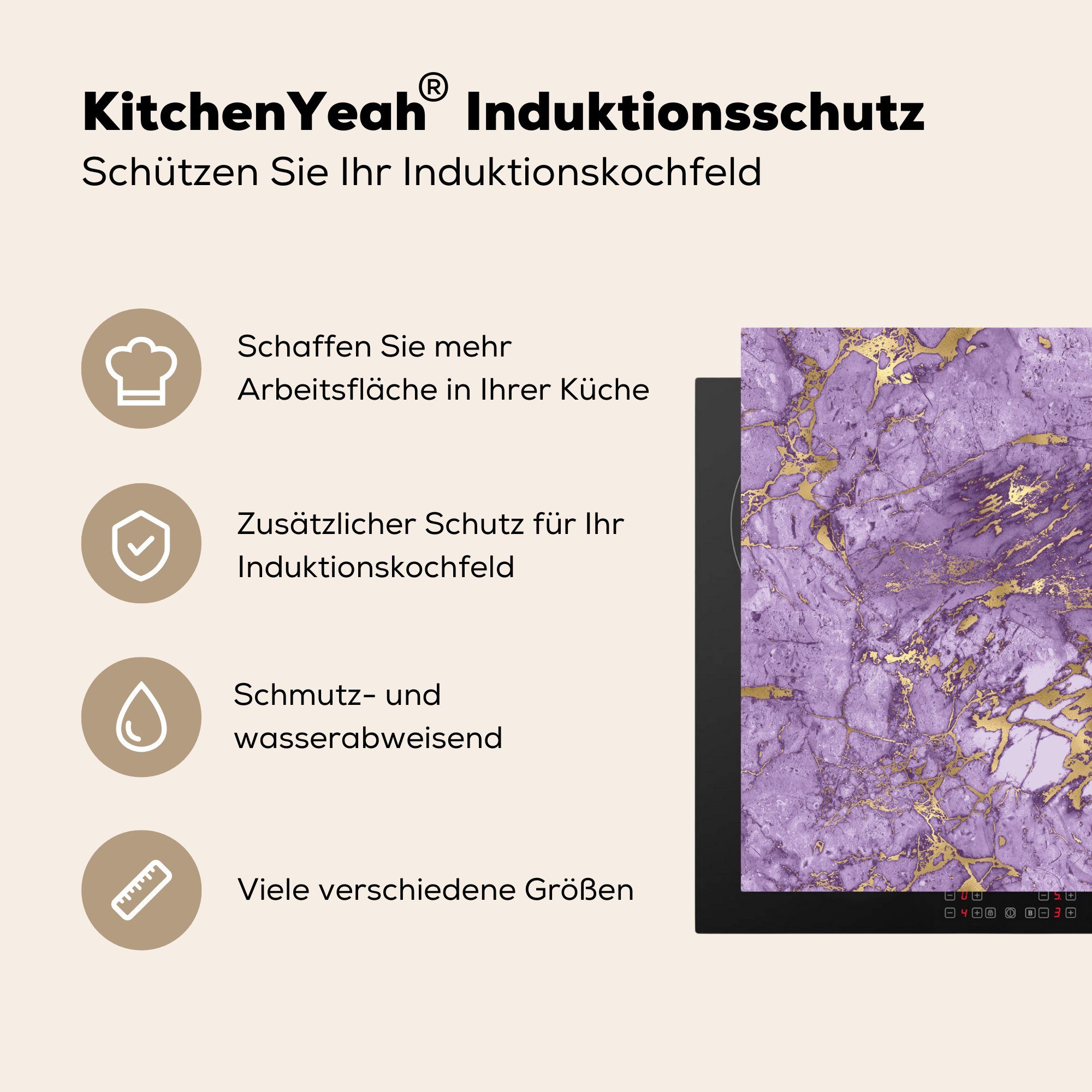 (1 cm, Gold, - tlg), für Lila küche - - Marmor Herdblende-/Abdeckplatte Arbeitsplatte MuchoWow Muster Vinyl, Ceranfeldabdeckung, 78x78