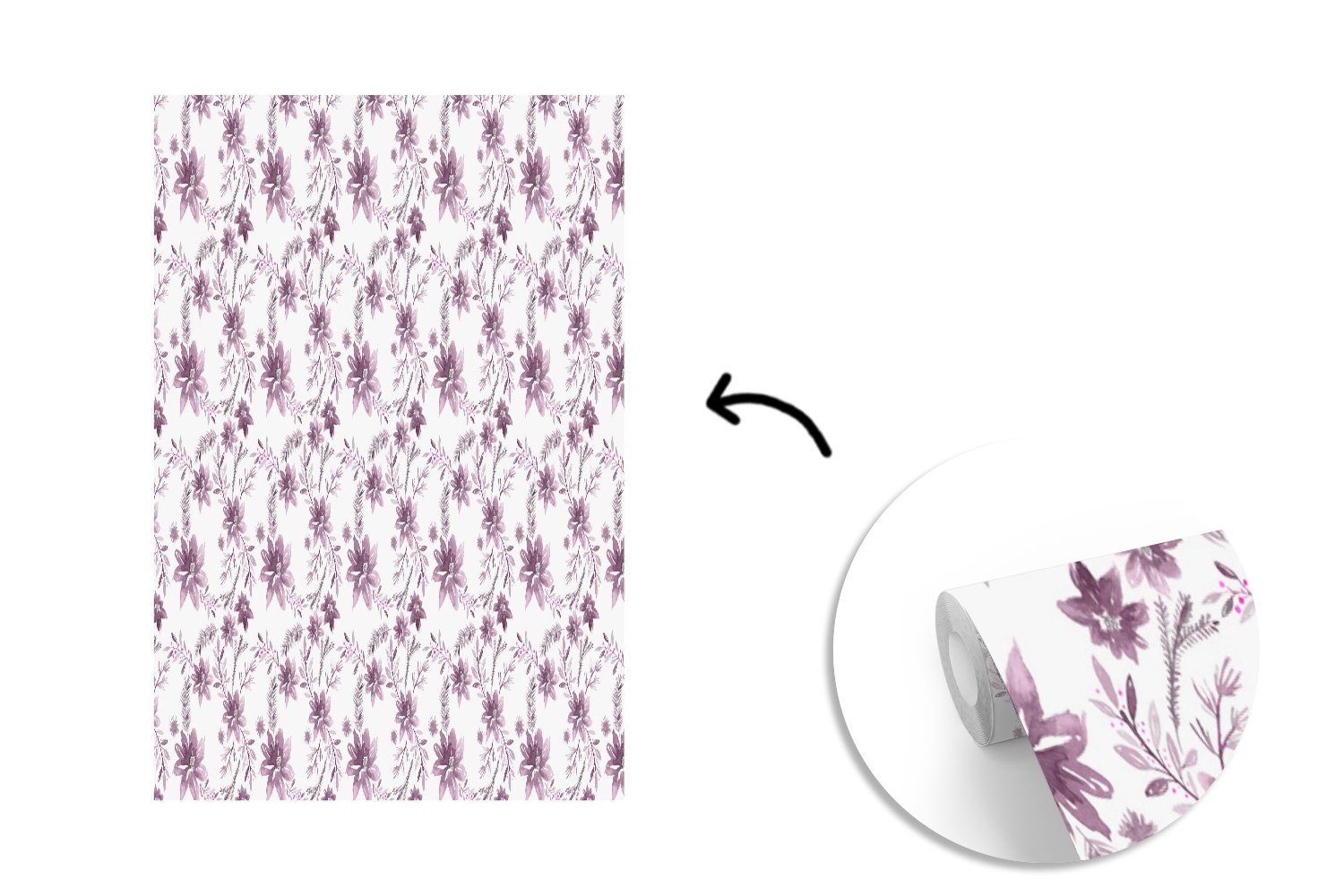 Blumen Muster, (3 Tapete Lila St), - Matt, bedruckt, Wohnzimmer, Vinyl für MuchoWow Montagefertig Fototapete Wandtapete -