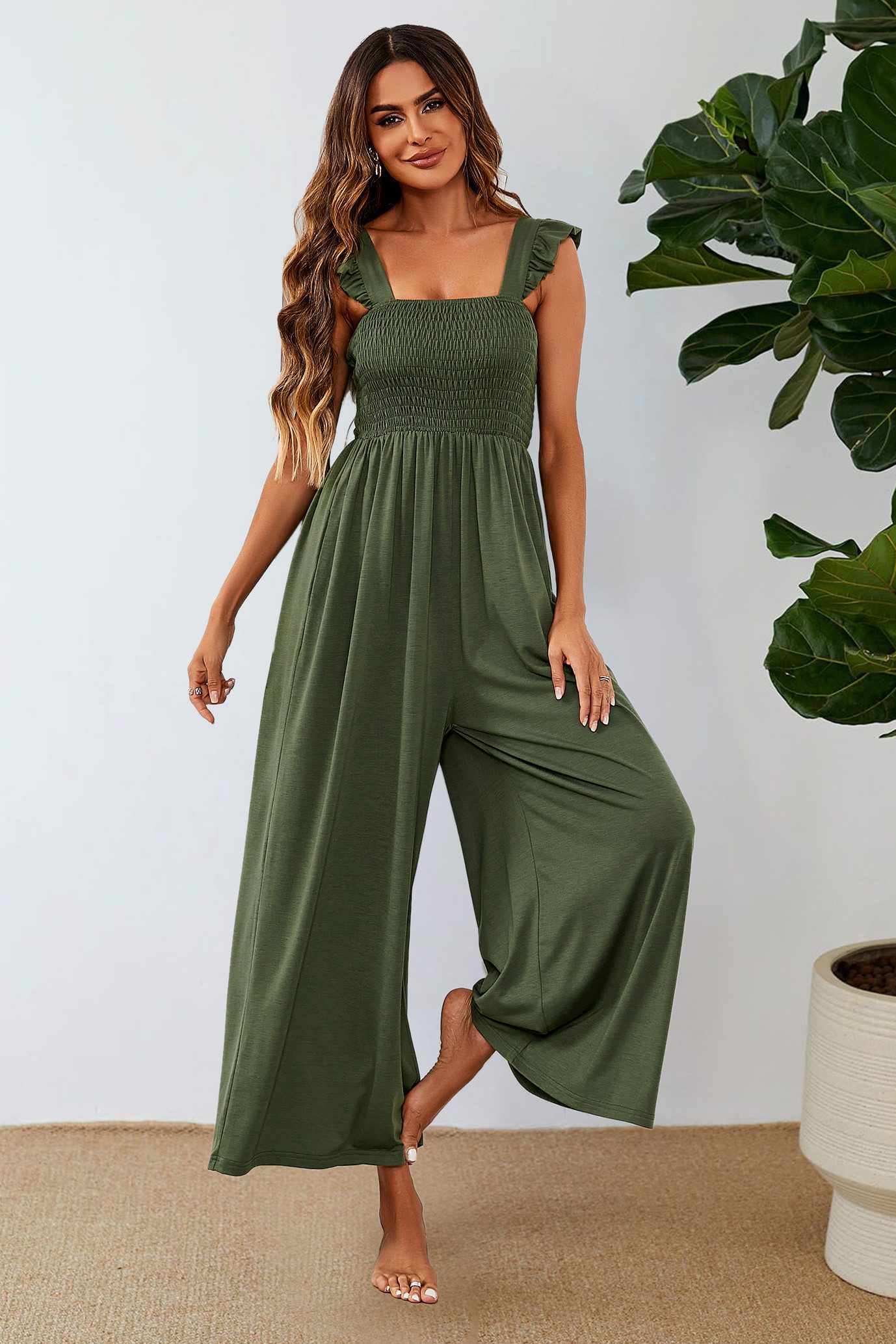FS Collection Jumpsuit Damen Jumpsuit Stretch mit Smokdetails & weitem Bein - Trendy (Einheitsgröße: XS (EU:36 / UK:8) · S (EU:38 / UK:10) · M (EU:40 / UK:12) · L (EU:42 / UK:14) · XL (EU:44 / UK:16), 2 Farben: Olivgrün und Schwarz) 95% Polyester, 5% Elastane – weicher Jersey, elastisch, formstabil