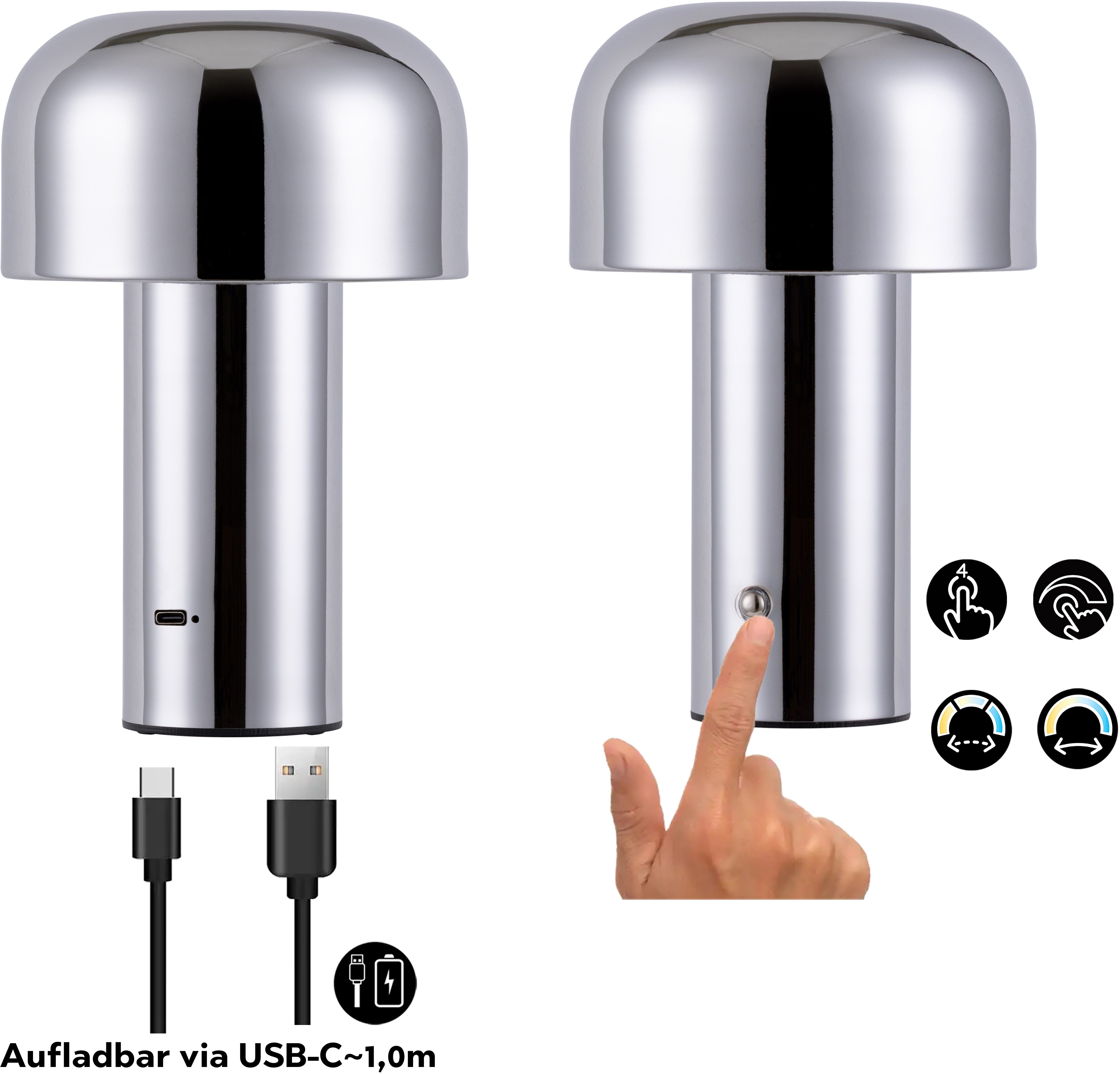 OTTO home LED Tischleuchte Ronno, Dimmer, Dimmfunktion, Ein-/Ausschalter, Farbsteuerung, USB-Ladefunktion, mehrere Helligkeitsstufen, LED fest integriert, warmweiß - kaltweiß, USB-C, Akku, Typ-C-Ladekabel, CCT, Tischlampe kabellos, Akkulampe