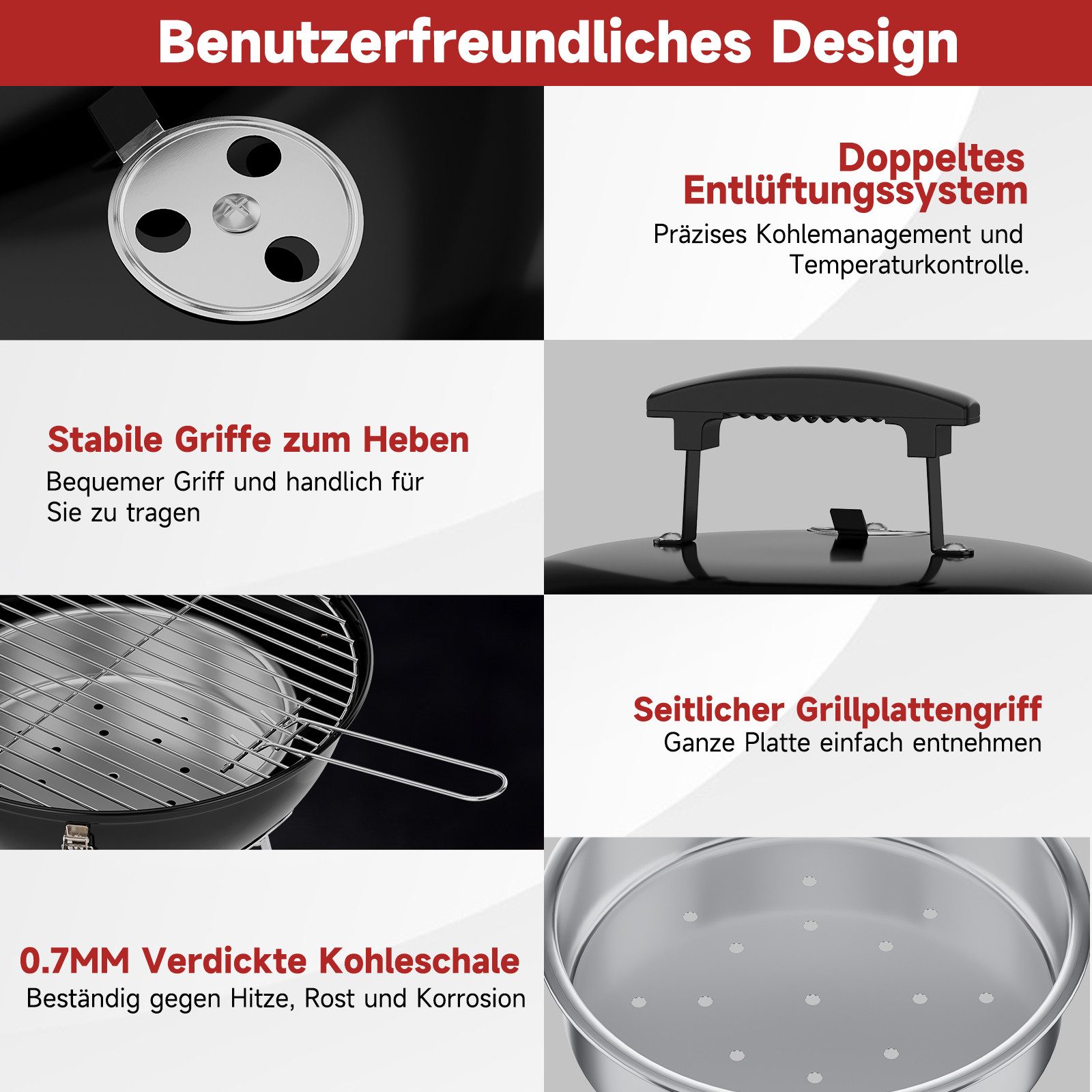 HOMELUX Holzkohlegrill Kugelgrill Ø34/44cm Grillfäche Campinggrill mit Luftventilen & Deckel, Verbrühungsschutz-Grif, Robust & langlebig, Tragbarer Holzkohlegrill mit Deckel