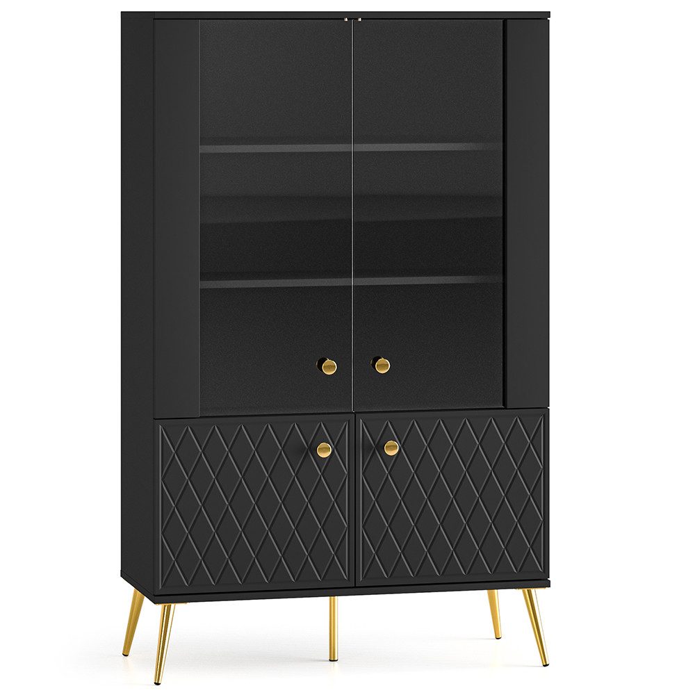 Lomadox Vitrine ELKO-131 schwarz matt, goldfarbene Griffe, 92 cm breit, Front gefräst