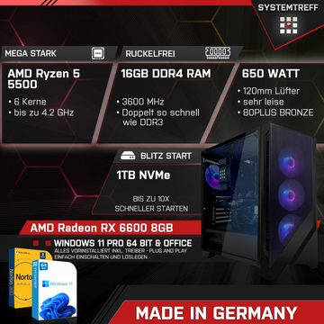 SYSTEMTREFF Basic Gaming-PC (AMD Ryzen 5 5500, Radeon RX 6600, 16 GB RAM, 1000 GB SSD, Luftkühlung, Windows 11, WLAN)