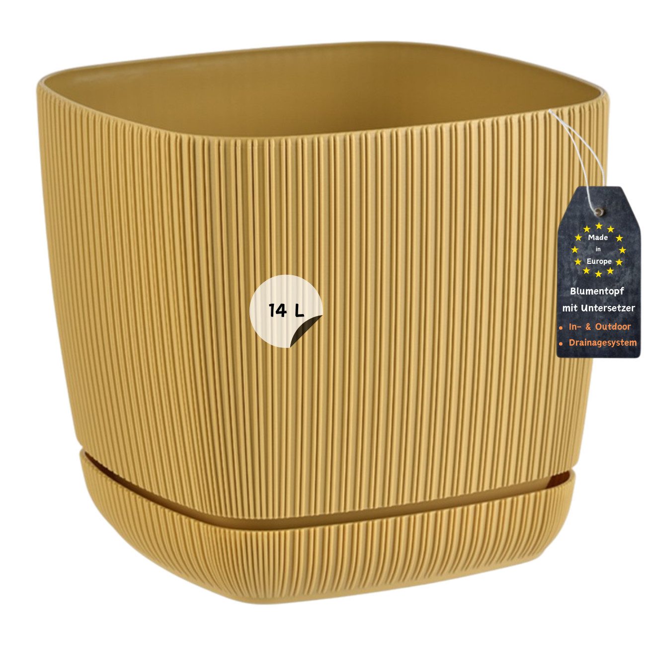 Engelland Blumentopf Pflanztopf mit Drainagesystem & Untersetzer (28 x 28 cm, 14 Liter, 1 St., robuster PP-Kunststoff), eckig, Rillenoptik, UV-resistent, direkte Bepflanzung
