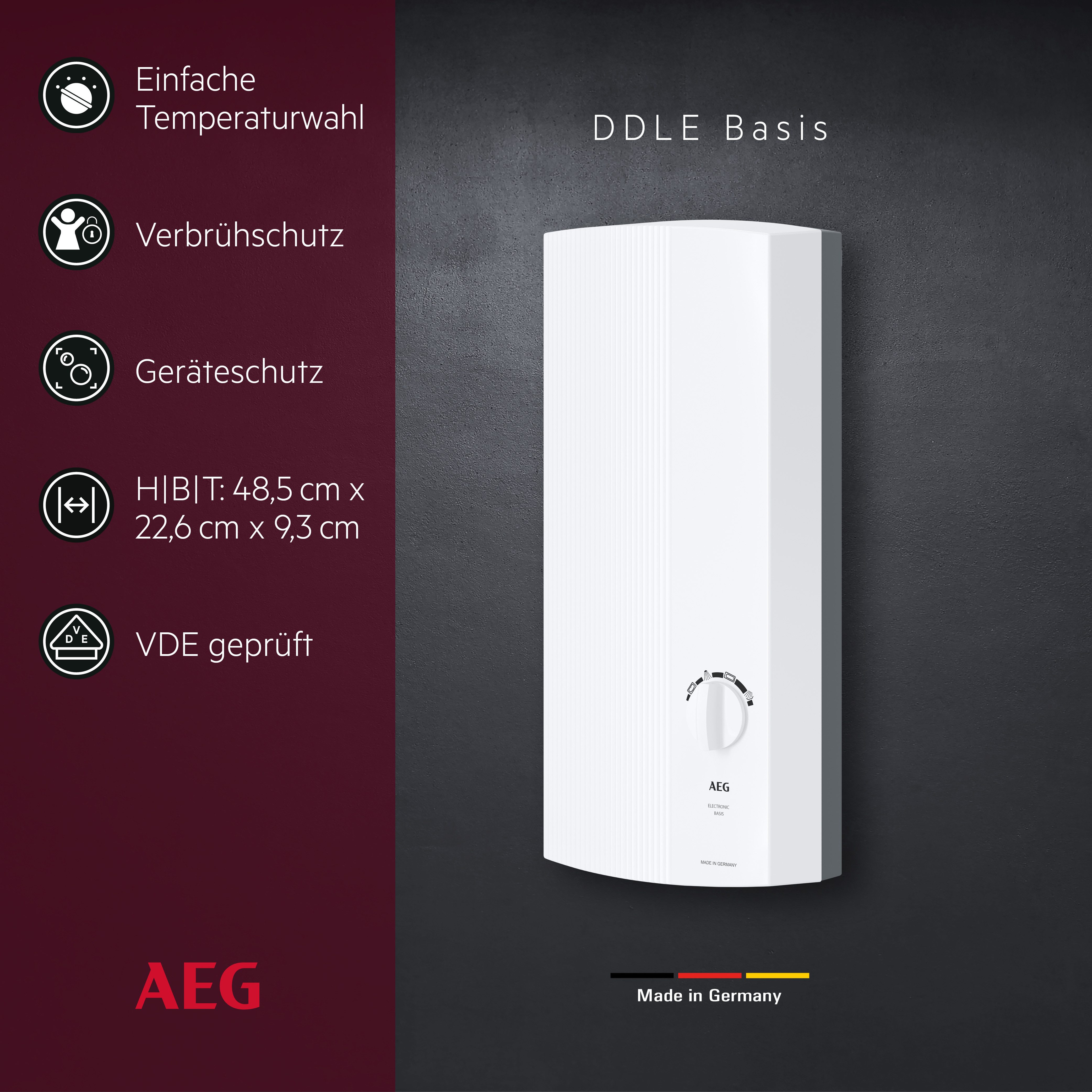 AEG Haustechnik Komfort-Durchlauferhitzer DDLE Basis, elektronisch, min. 35 °C, 13 kW, stufenlose Temperaturwahl durch 4 Anwendungssymbole