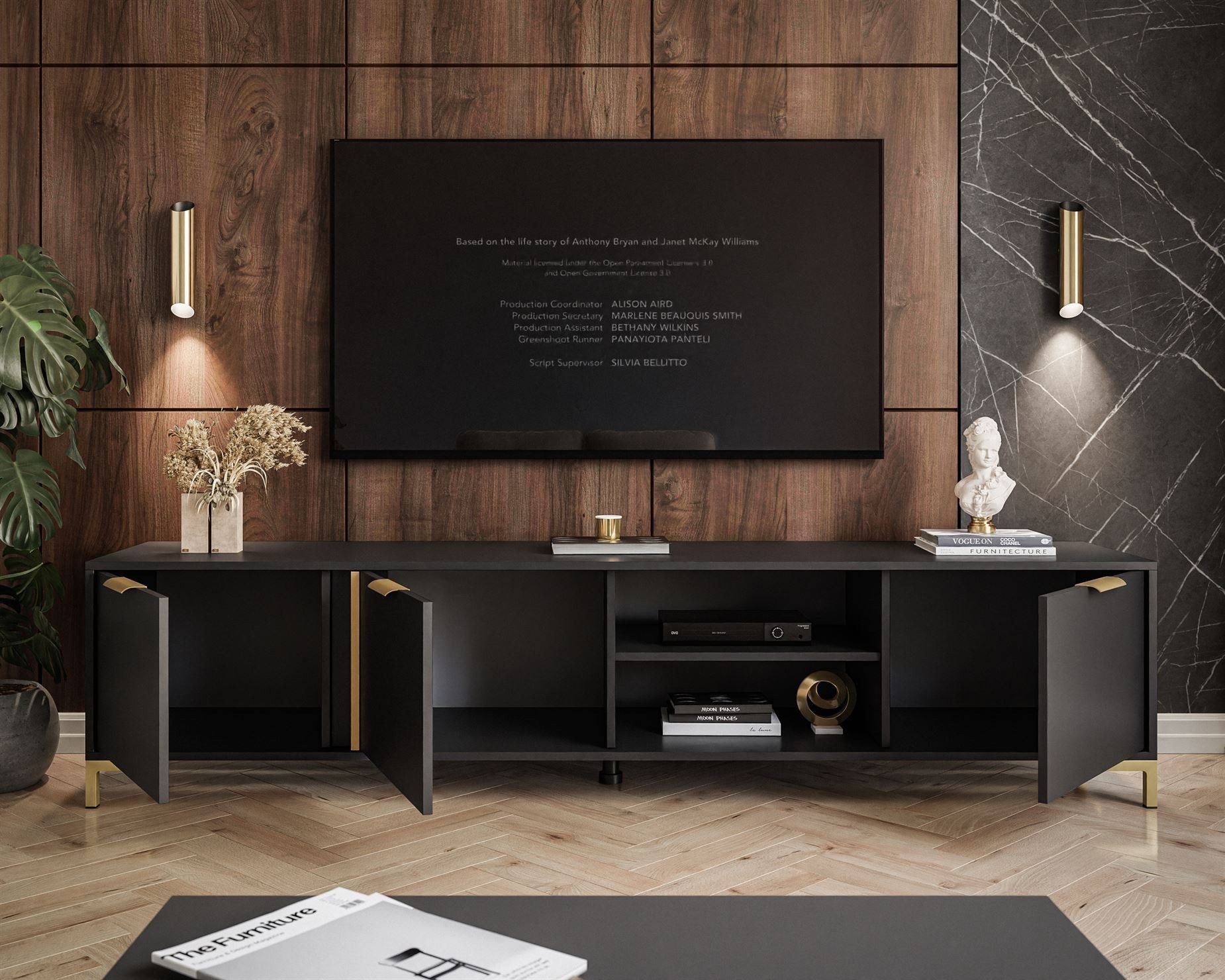 ALLHOUSE24 Lowboard LARA II 203 cm Breite Anthrazit mit goldenen Griffen TV Schrank (1x TV Schrank), Breite 203 cm
