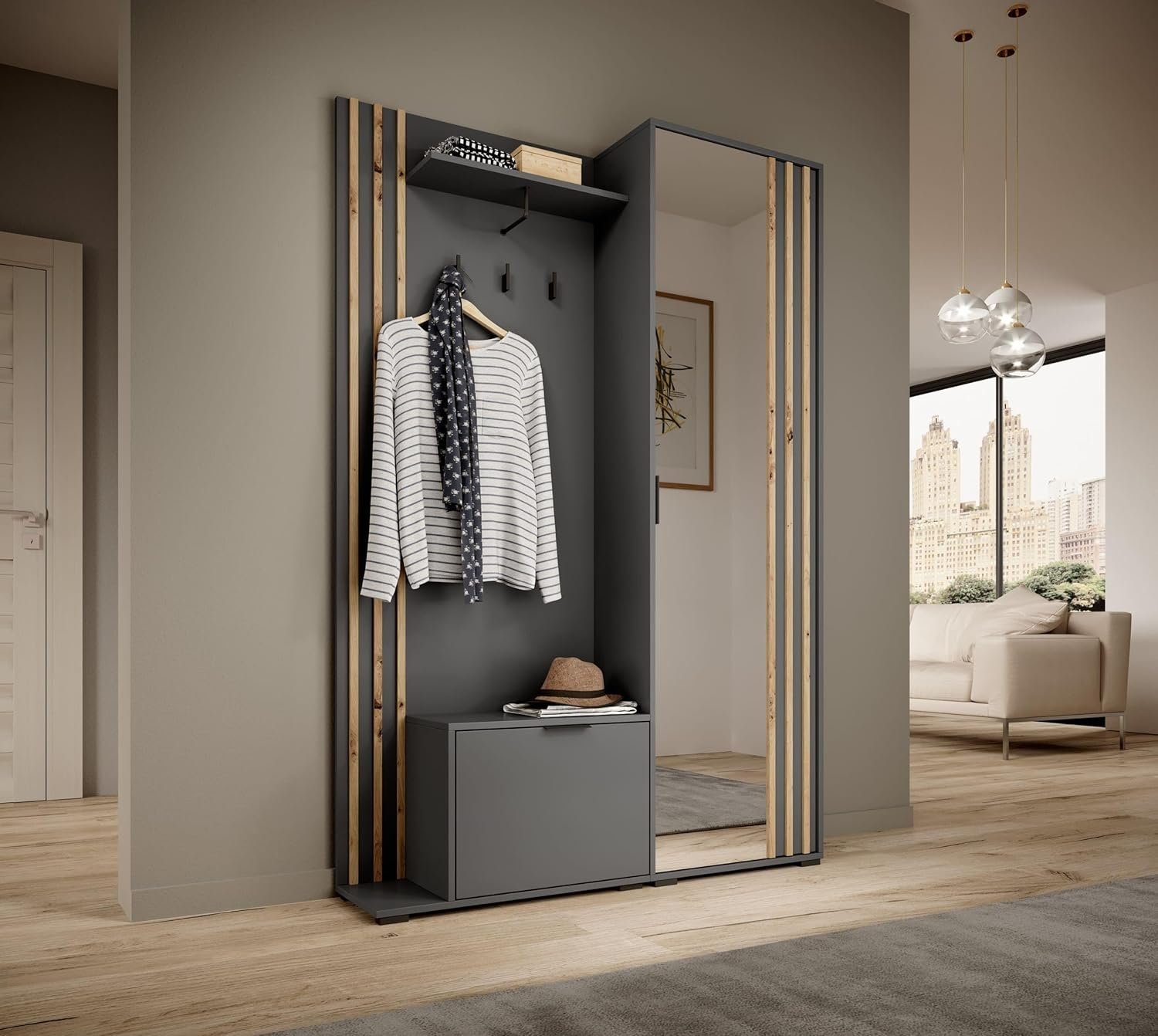 Grau Artisan (BxHxT): + JOHN Wandschrank Regal 135x197x34cm mit & Kompaktgarderobe Kleiderschrank Schrank Flurgarderobe Diele Kompaktgarderobe), Spiegel Flur (Dielenschrank Schuhschrank, MOEBLO